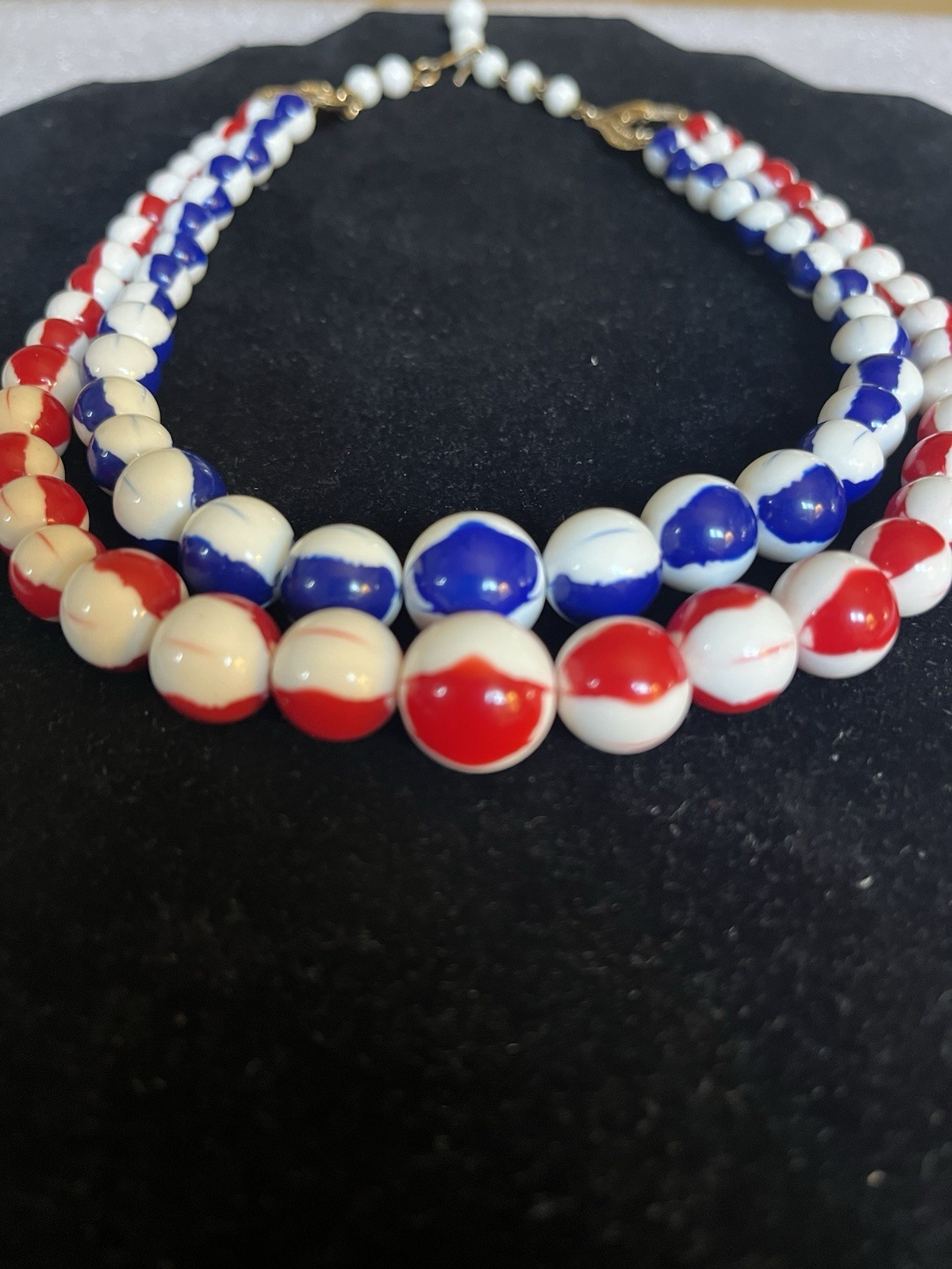 RARE Vntg Signed FLORENZA Red White & Blue Patriotic Enamel DBL Strand Necklace