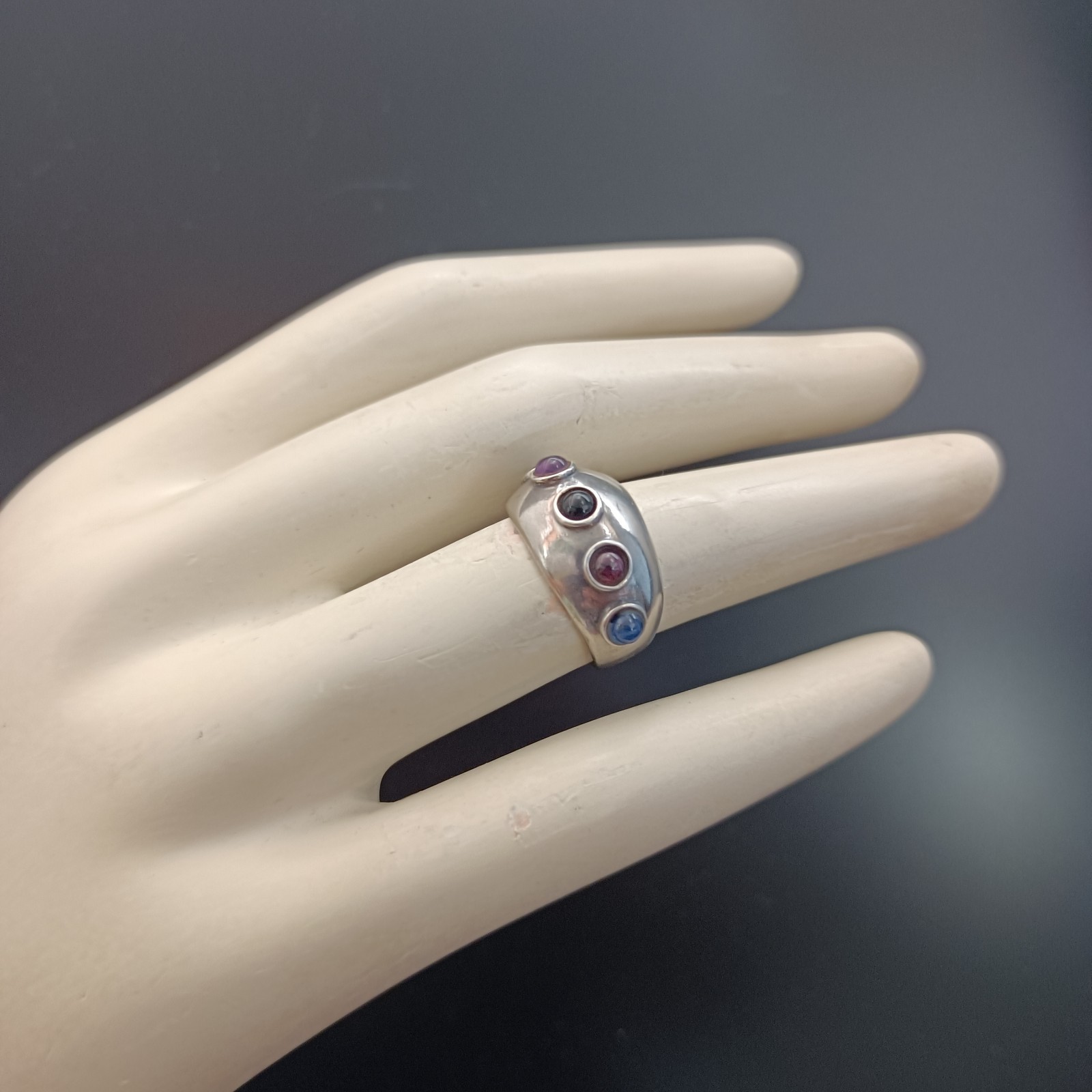 Modernist Gemstone Dome Ring Sterling Silver Cabochon Band Boho Israeli Artisan