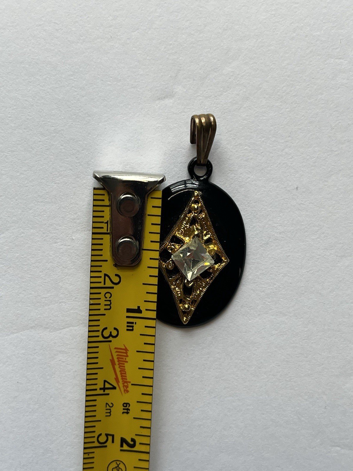 Vintage Gold Tone Black Oval Resin Pendant Necklace Faux Diamond