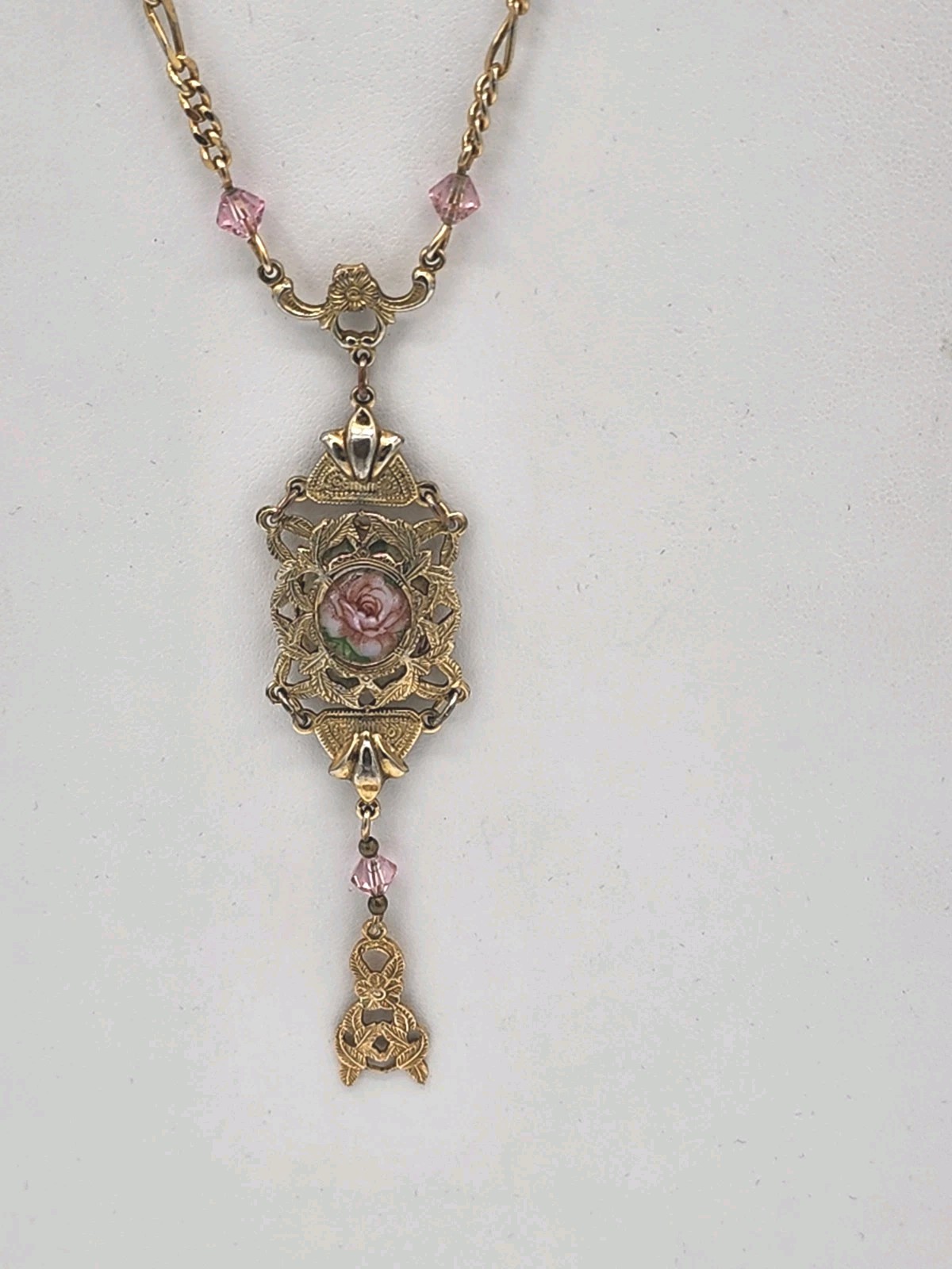 1928 Victorian Deco Porcelain Rose Pink Crystal Pendant Necklace 23″