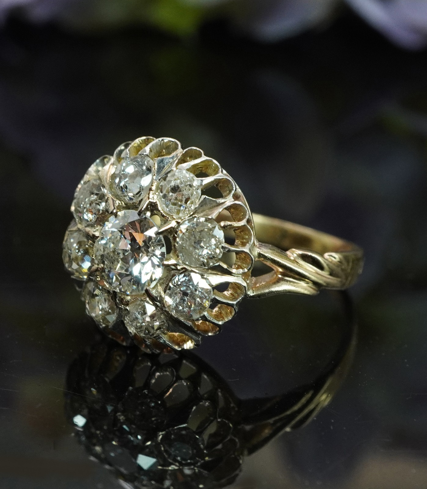Antique Victorian Old European Mine cut Diamond Filigree Halo Ring 14K Gold