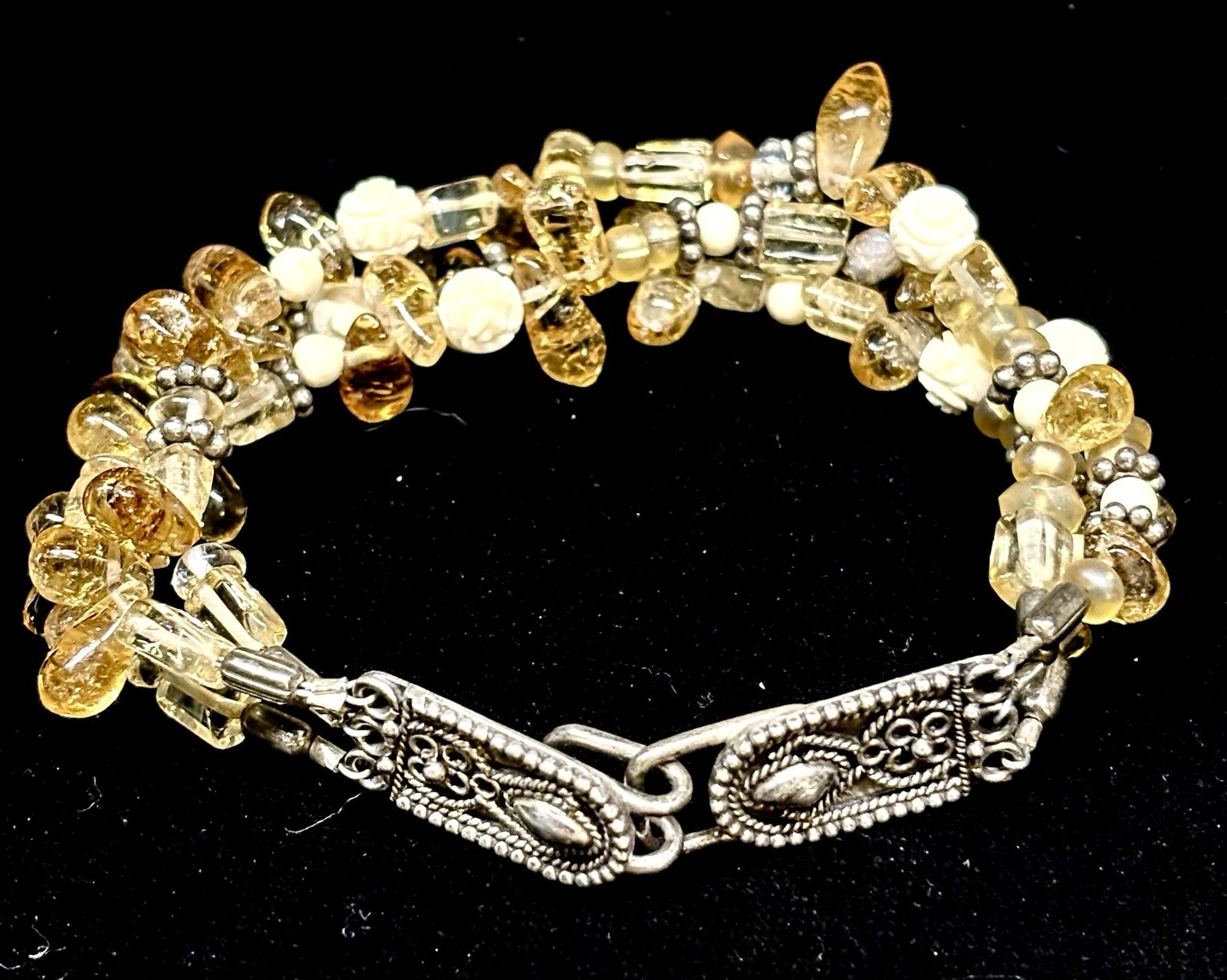 Vintage Citrine 925 SS Spacers & Filigree Clasp Carved Rose Cluster Bracelet 6.5