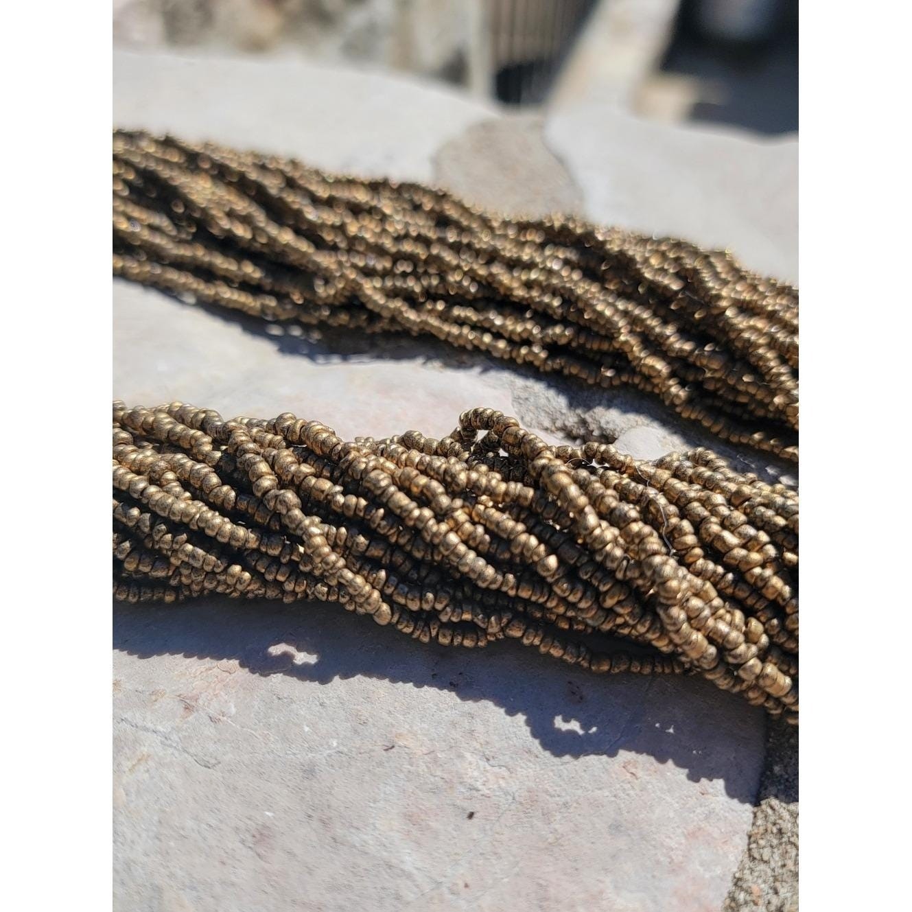 Vintage Bronze Gold Multi Strand Seed Bead Necklace Boho Statement Unsigned