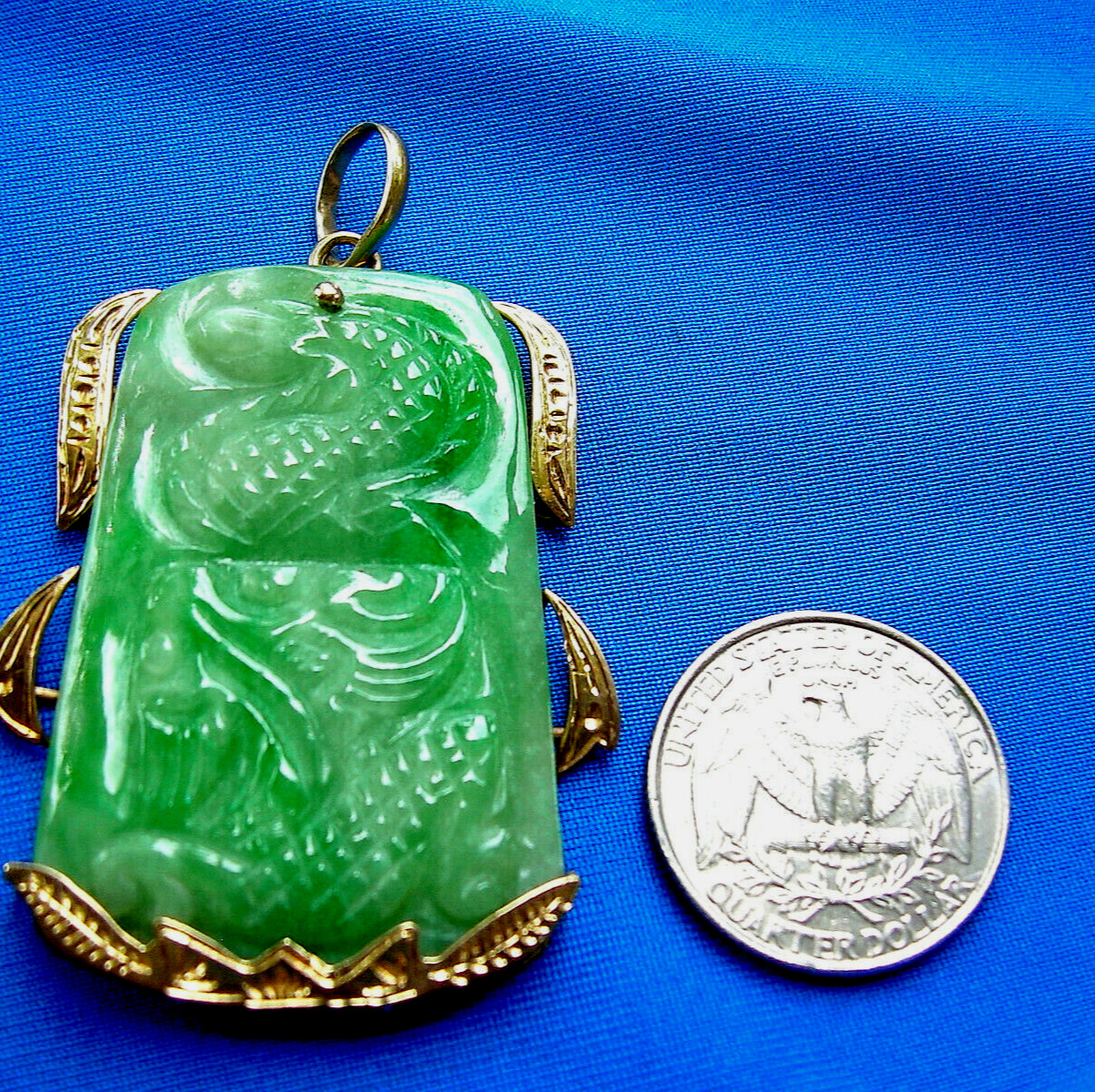 Original EARTH MINED Antique Green JADE DRAGON Pendant 14K GOLD Deco Luck Gift
