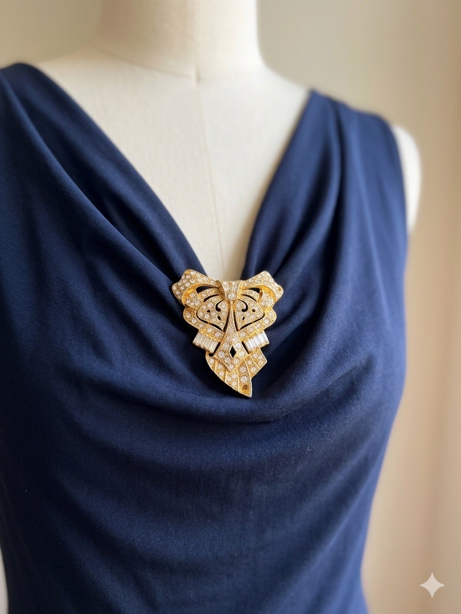 Vintage 1940s Unsigned Rhinestone Dress Clip, Art Deco Bow Fur Clip