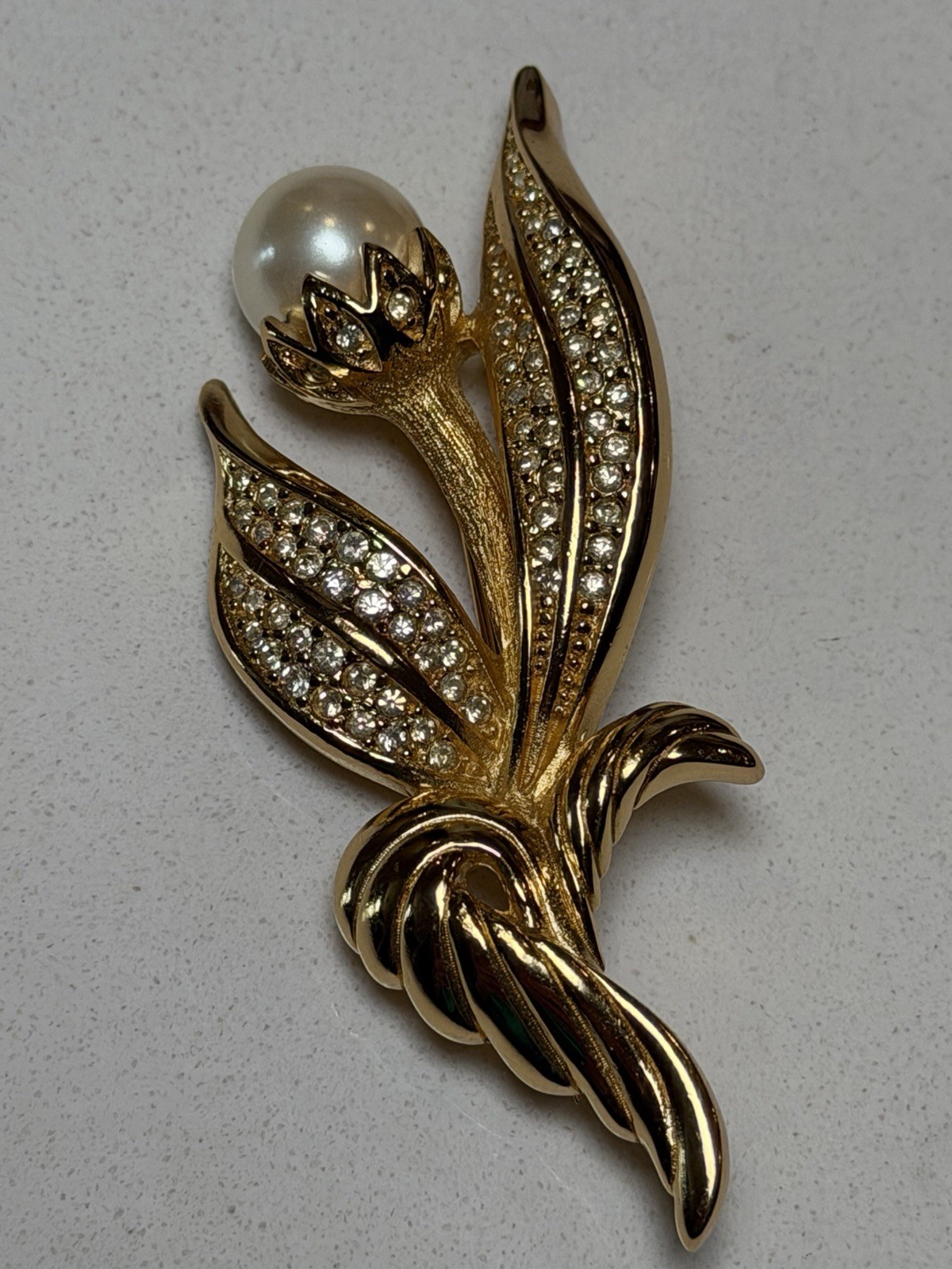 Vintage Christian Dior Gold Tone Faux Pearl Rhinestone Floral Brooch Signed