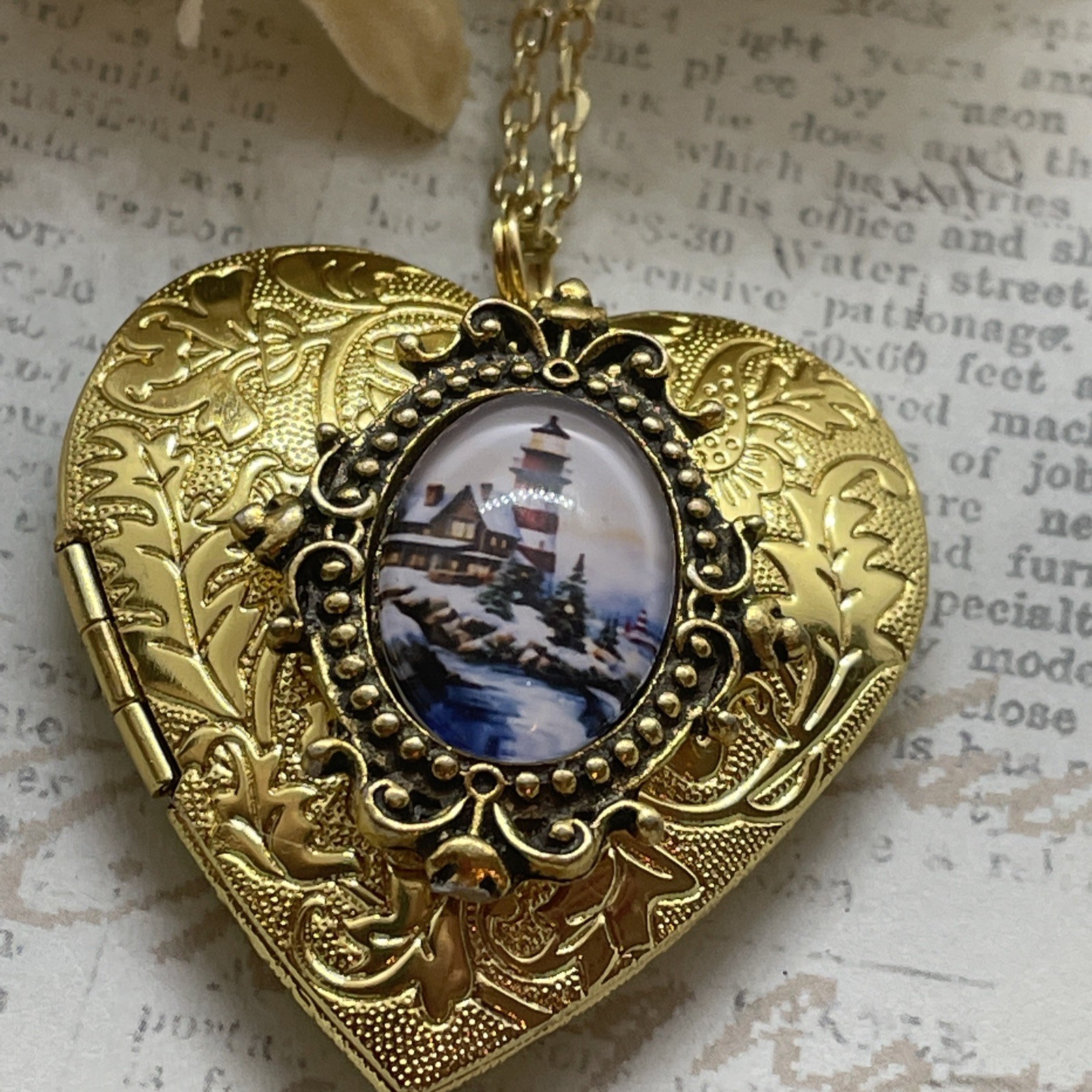 Gold Heart Locket Photo Lighthouse Cottage Sailor Birthday Anniversary Necklace
