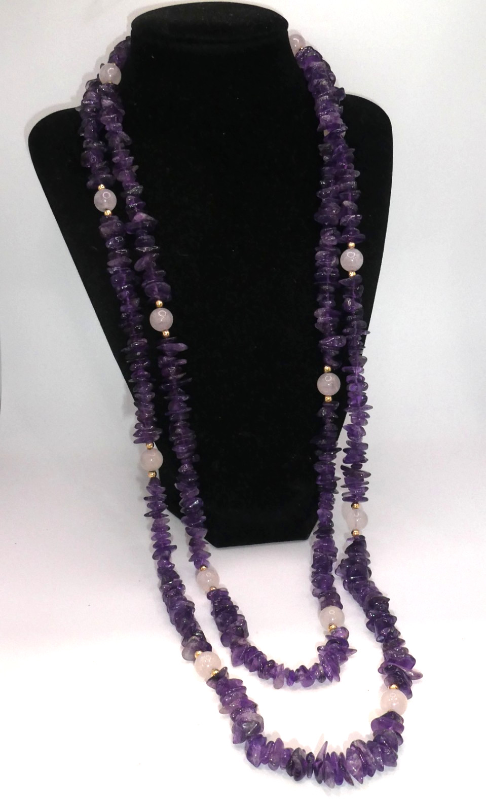 Amethyst Rose Quartz 10k Gold Spacer Beads 64” Opera Length Necklace Strand