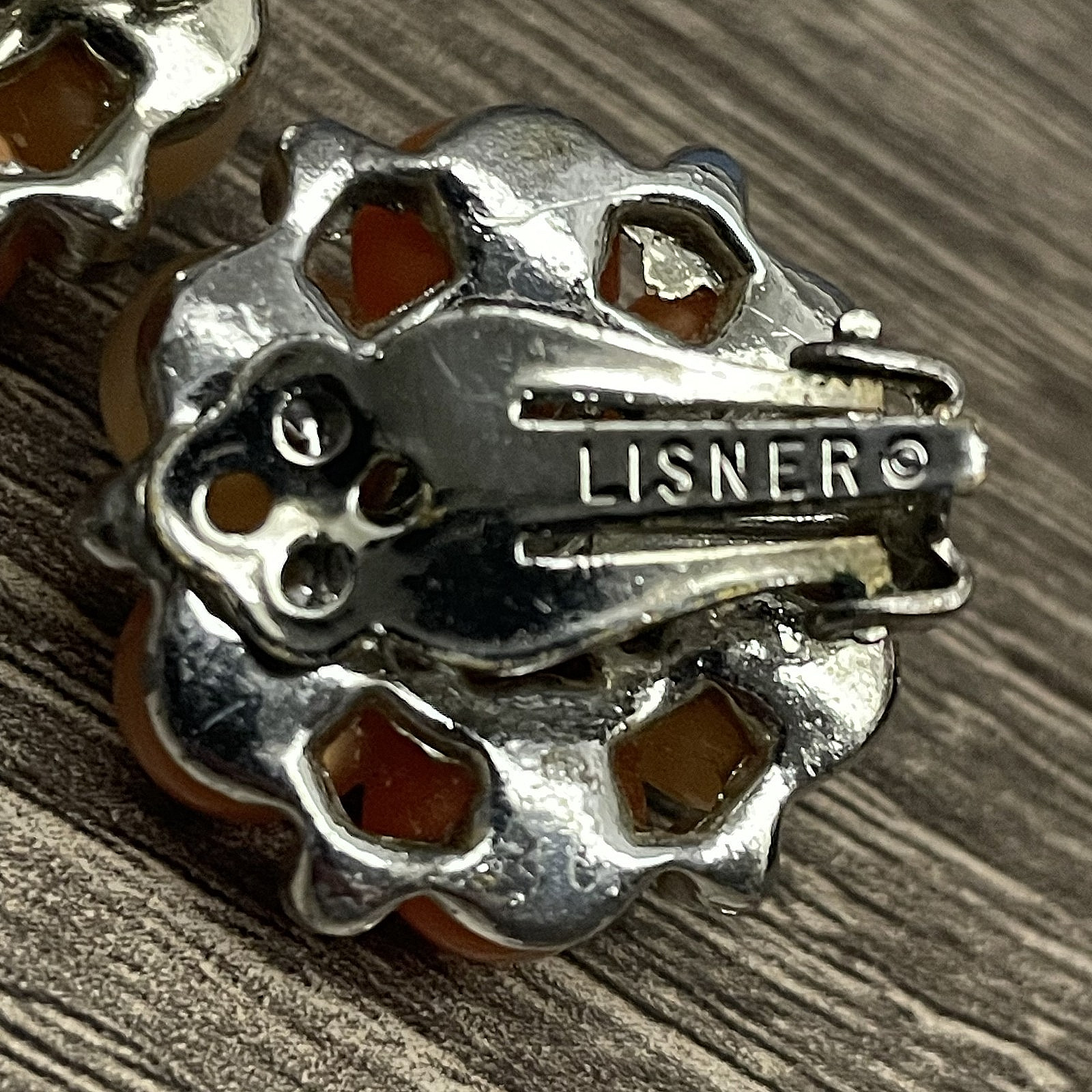 Vintage LISNER Orange & Peach Moonglow Beads Set in Silver Tone Clip On Earrings