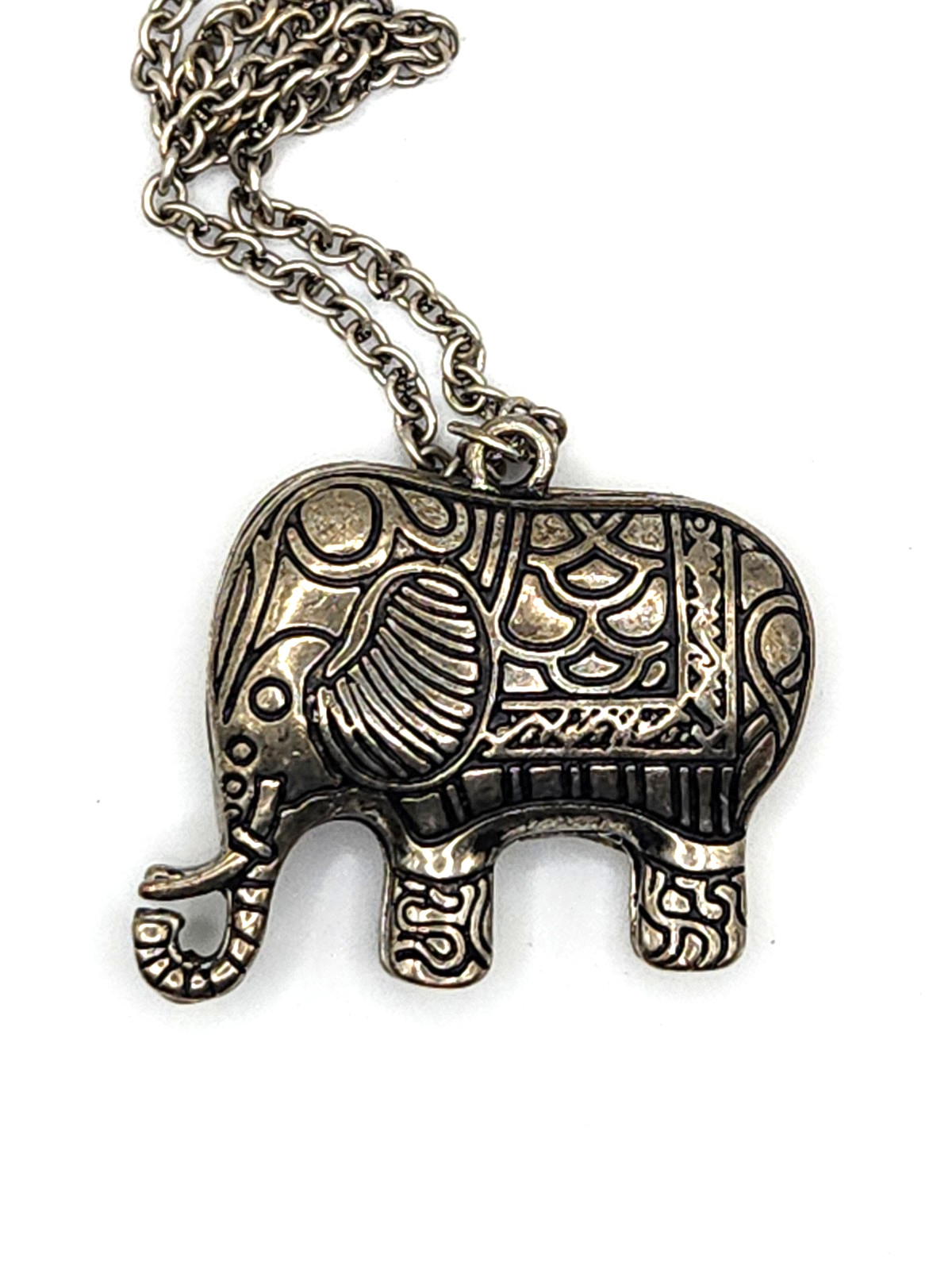 Vintage Large Silver Clear Rhinestone Accents Elephant Pendant Open Silver 24″