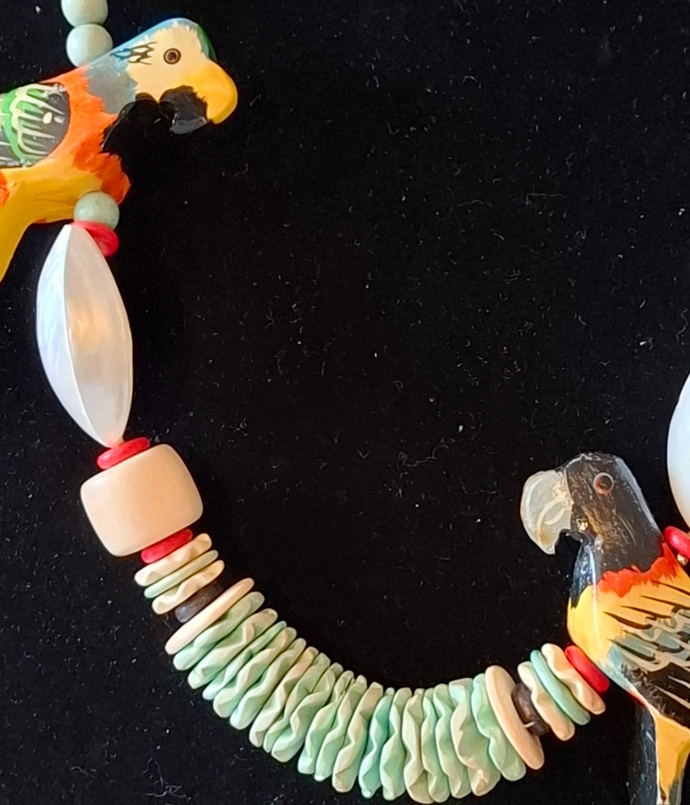 Vintage Tropical Jewelry Hand-Carved Parrots, Wood Beads, Seeds Necklace