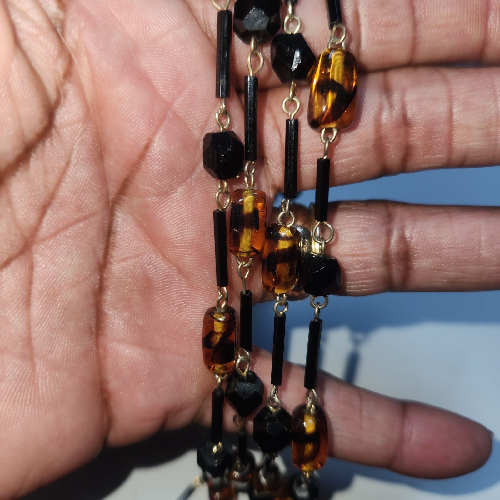Glass Beaded Long Station Necklace Gold Tone 25in