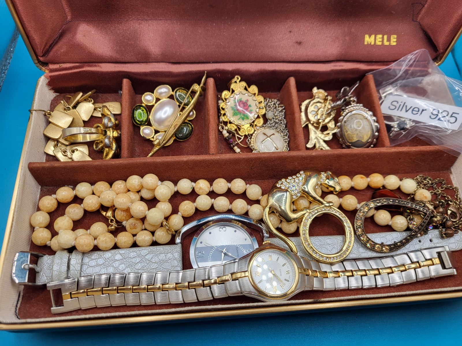 High Quality Vintage Jewelry Lot 17 Pieces Including Silver w Mele Leather Box