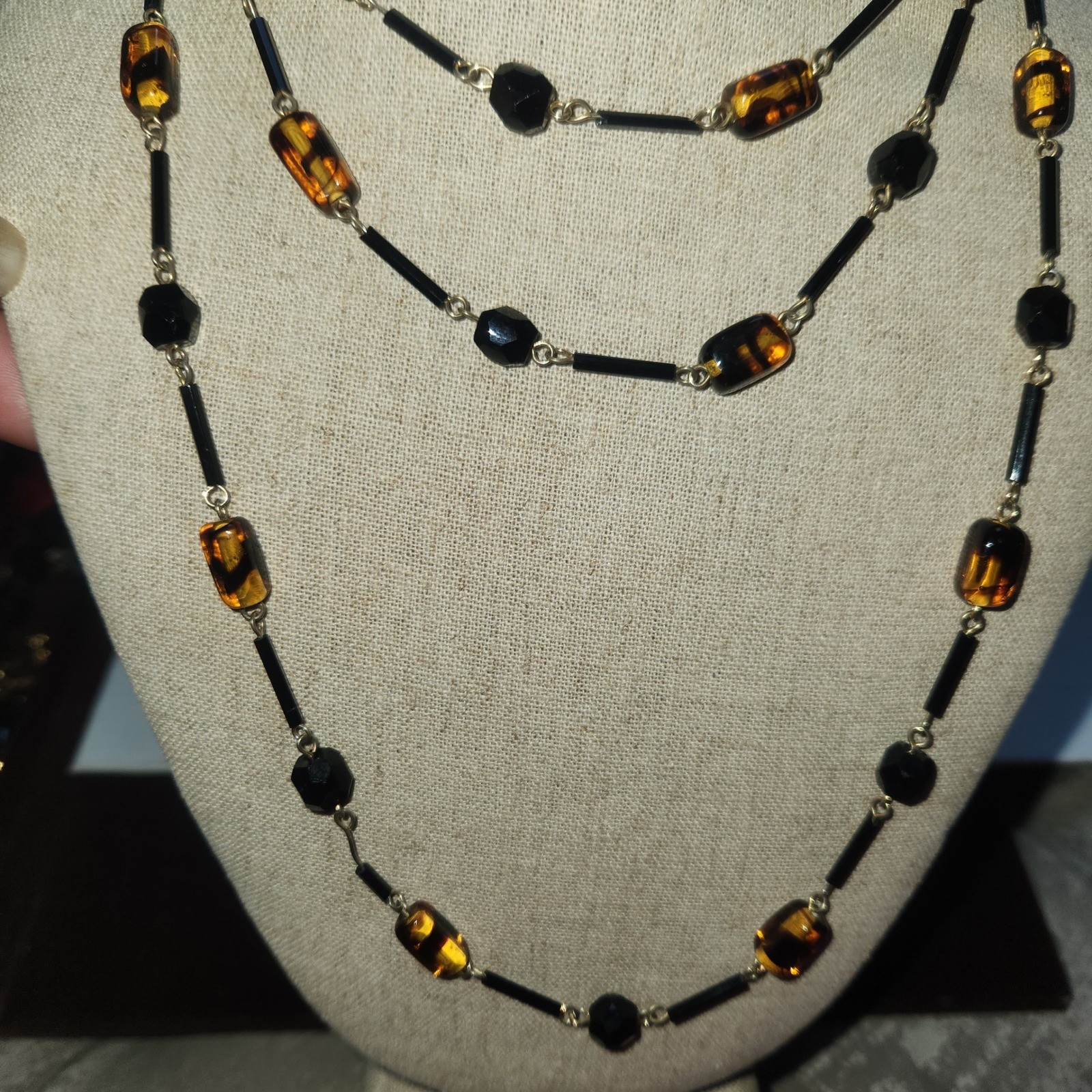 Glass Beaded Long Station Necklace Gold Tone 25in