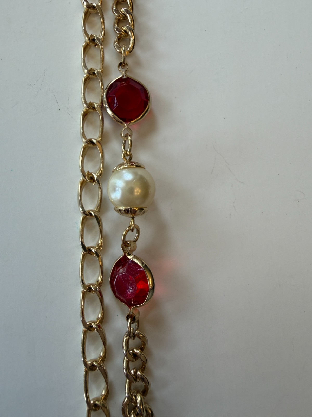 Vintage Gold Tone Chain w Faux Pearl Beads and Red Crystals
