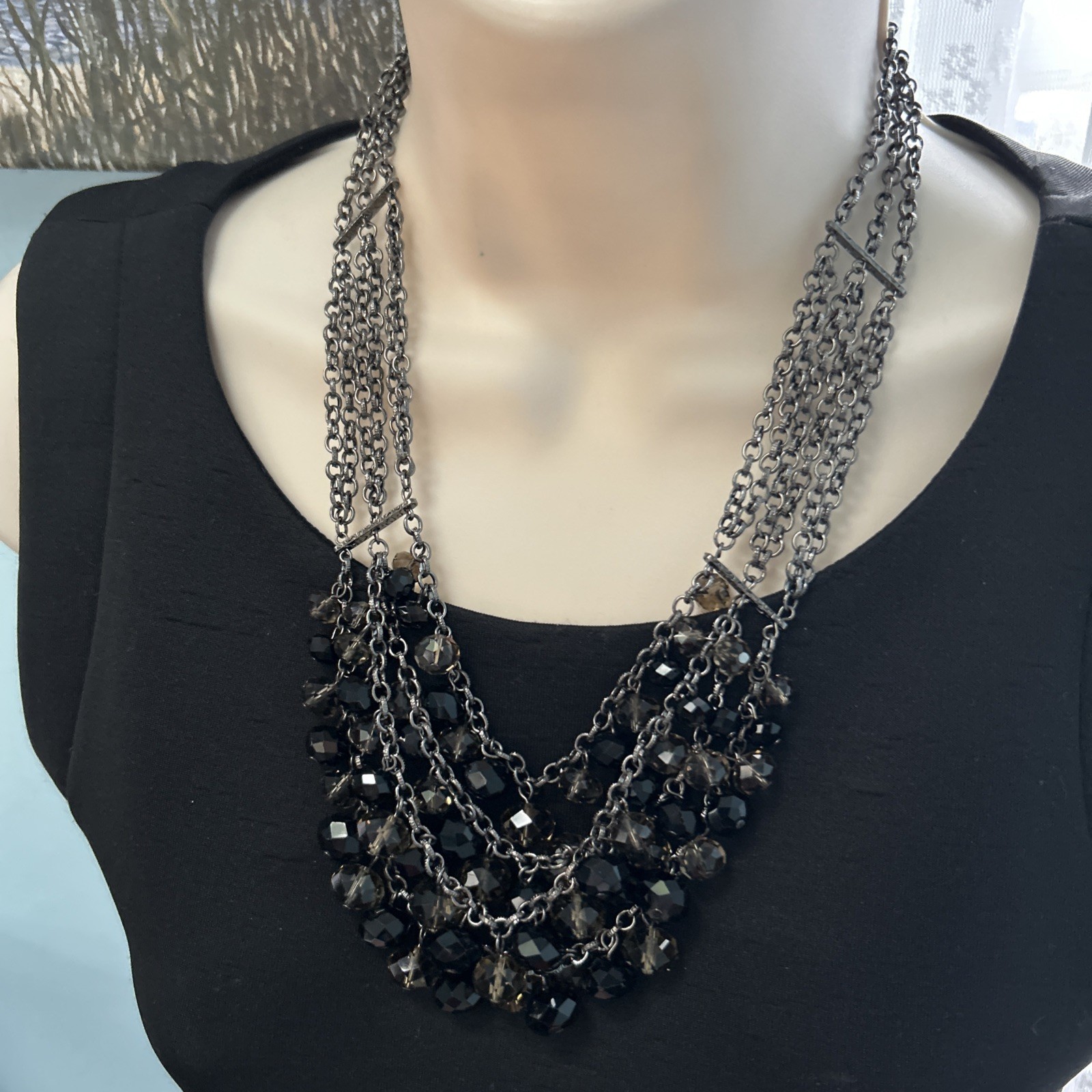 Designer NECKLACE Silver Toned 4 Strands Black/Clear Smokey Shiny Glass Beads