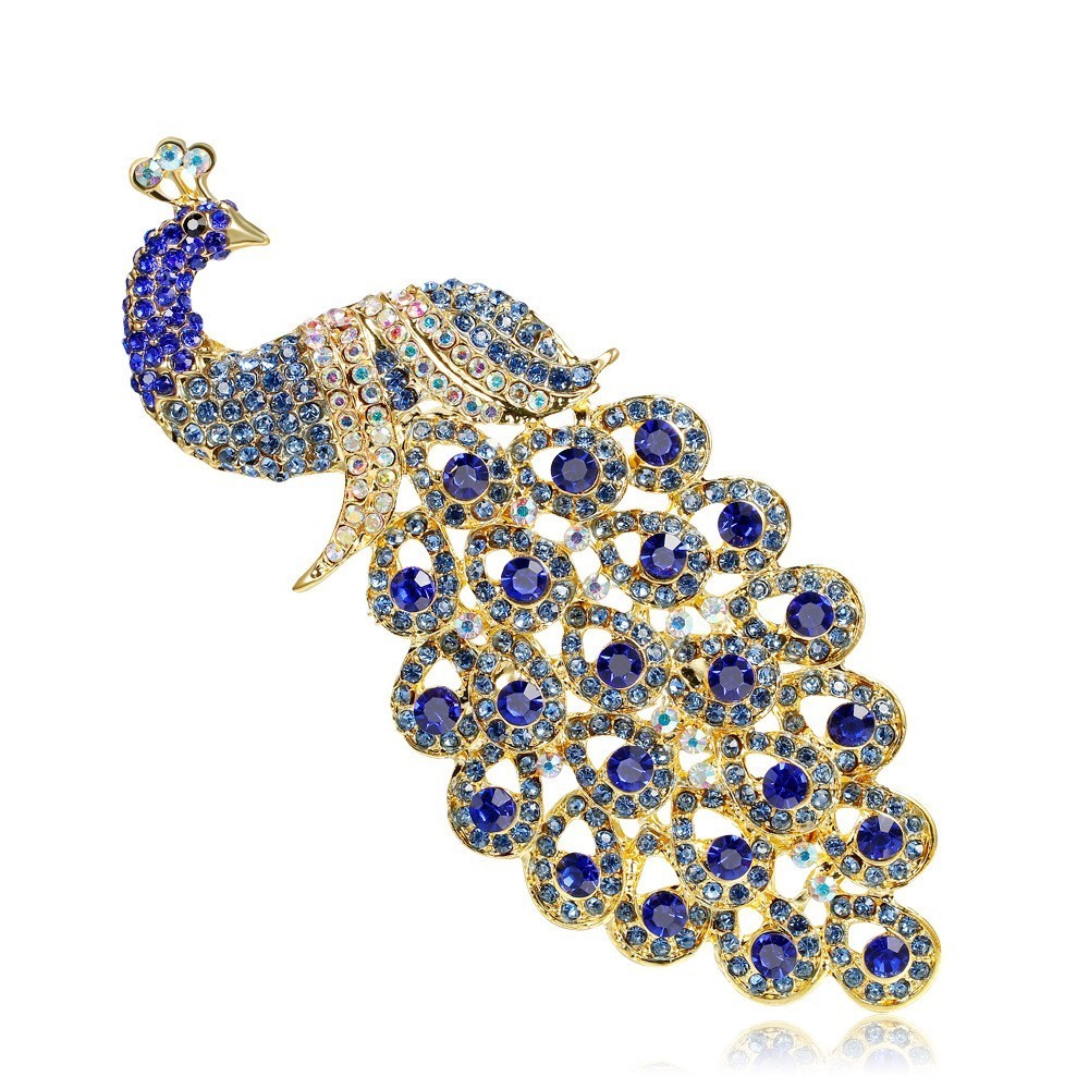 Blue Peacock Feather Brooch Pin Crystal Rhinestone Bird Jewelry Gift Women Glass