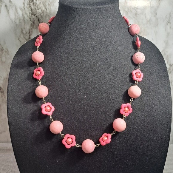 Vintage Handmade Women’s Necklace Pink Cotton Candy Natural Stones, Faux Pearls
