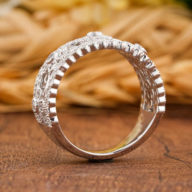 14K Gold Plated 925 Silver Moissanite Floral Band Engagement & Anniversary Ring