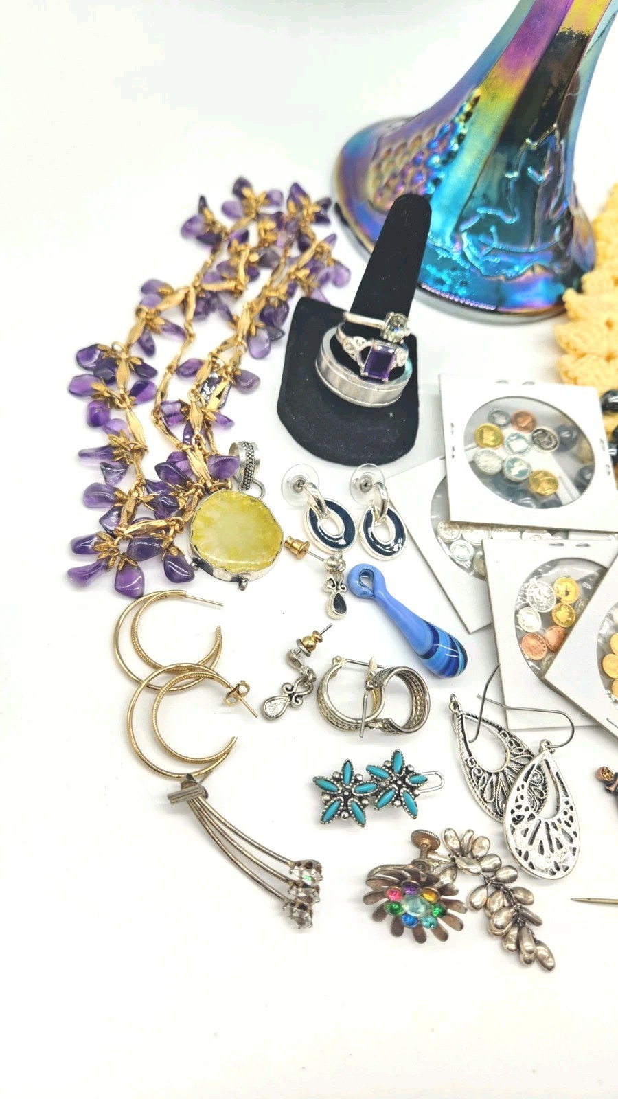 Estate Mixed Jewelry Lot + Mini Coins + Carnival Glass Bowl Unsearched Untested