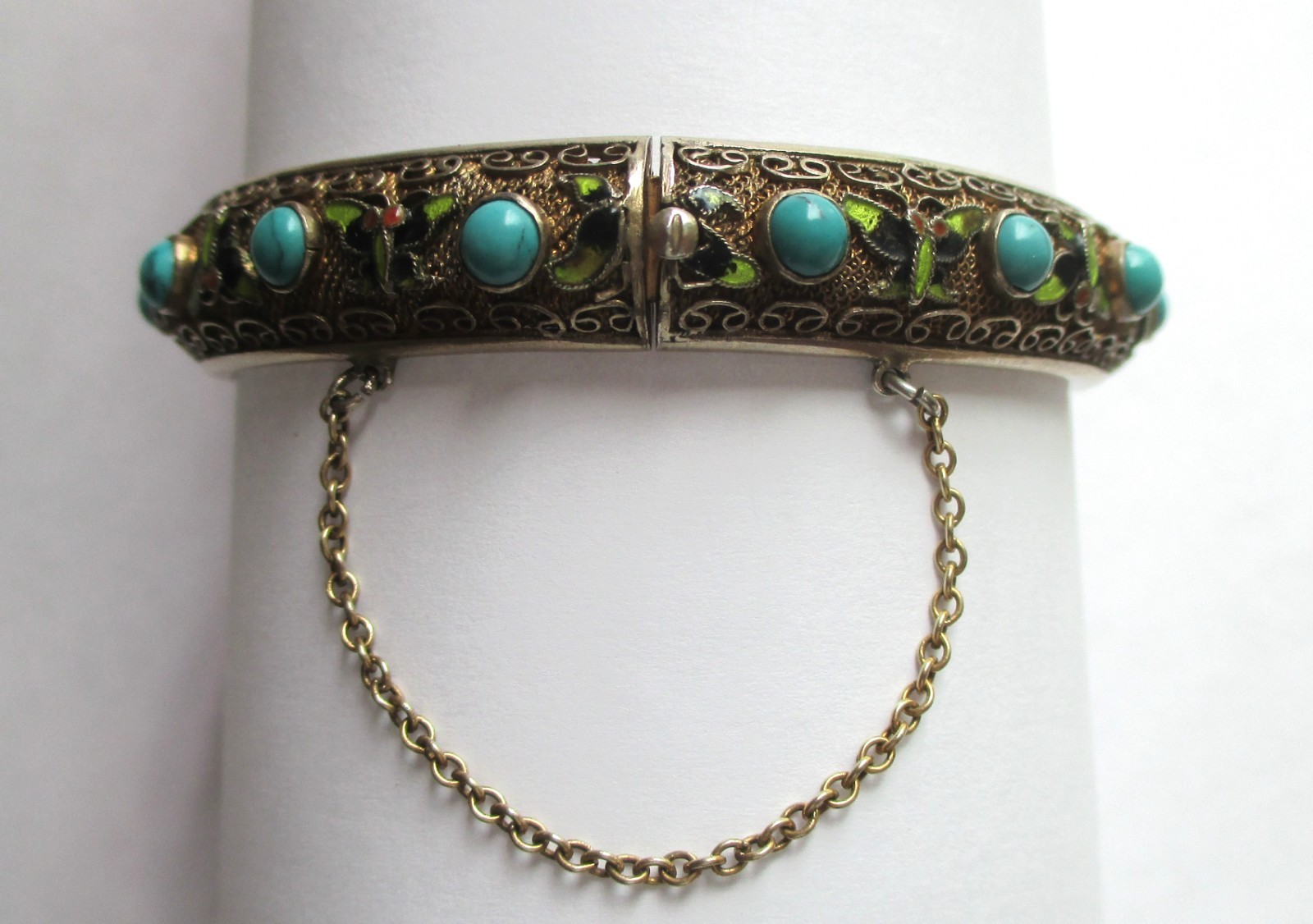 VINTAGE CHINESE STERLING SILVER ENAMEL TURQUOISE HINGED BANGLE BRACLET EXPORT