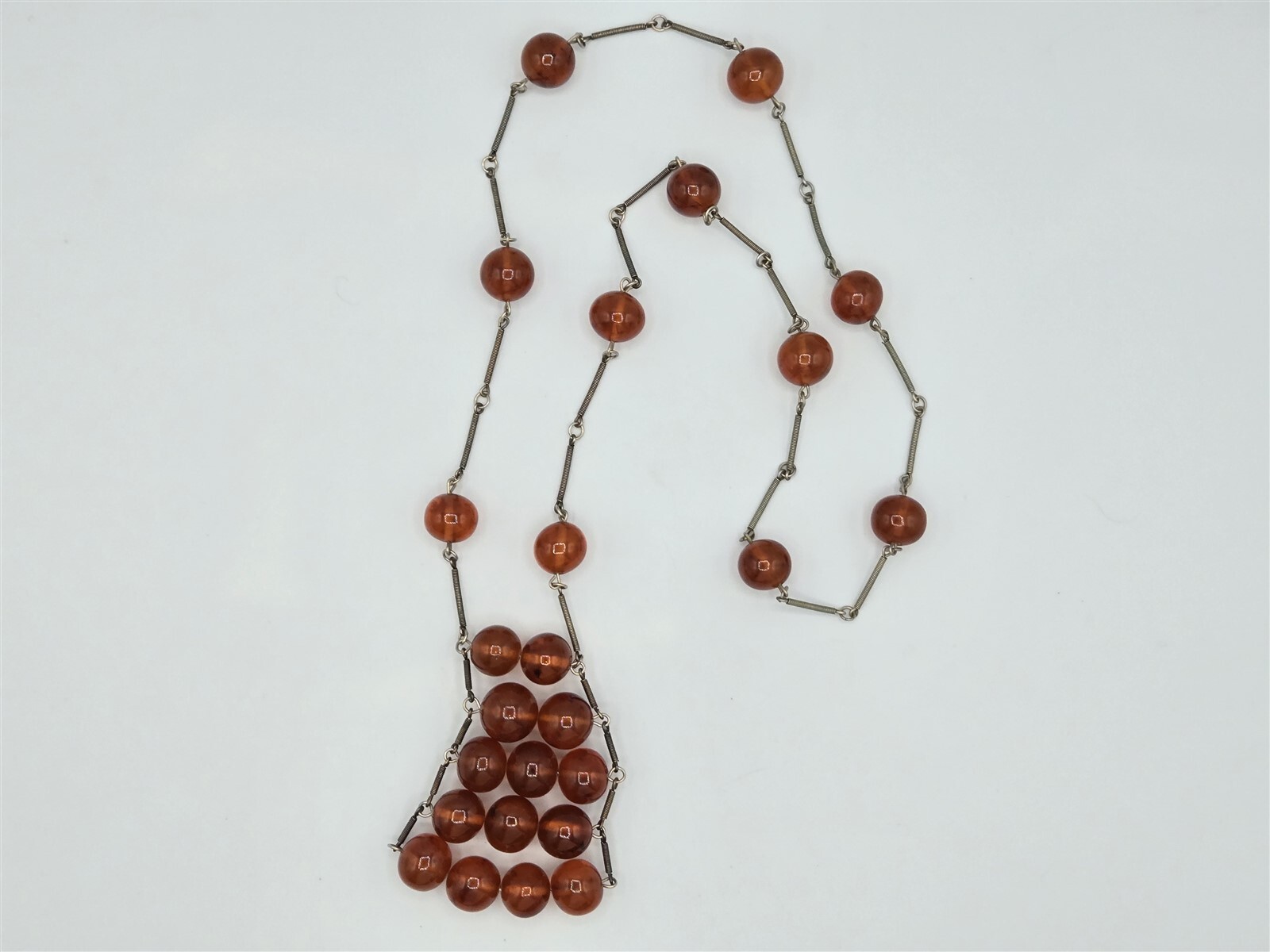 Amber Bead Modernist Necklace Silver Tone & 14 mm 30″