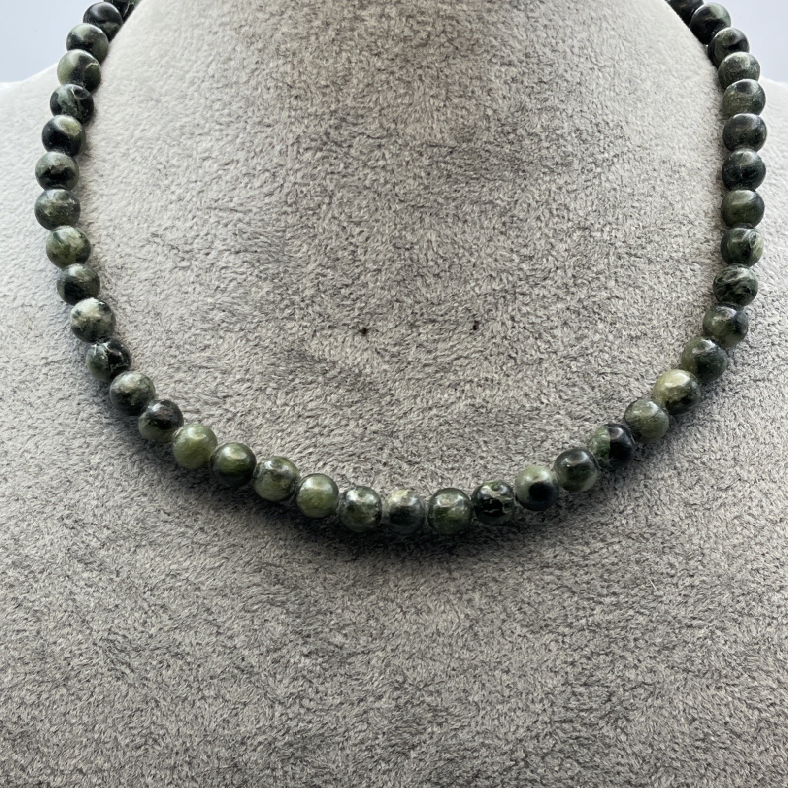Vintage Dark Green Serpentine 6mm Natural Stone Beaded Necklace Barrel Clasp