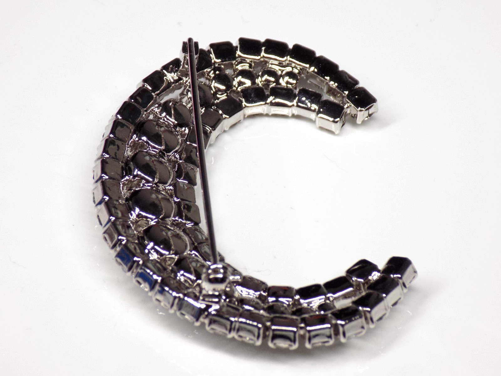 Vintage Big Rhinestone Brooch White Colorless Stones Silver-tone Crescent Moon