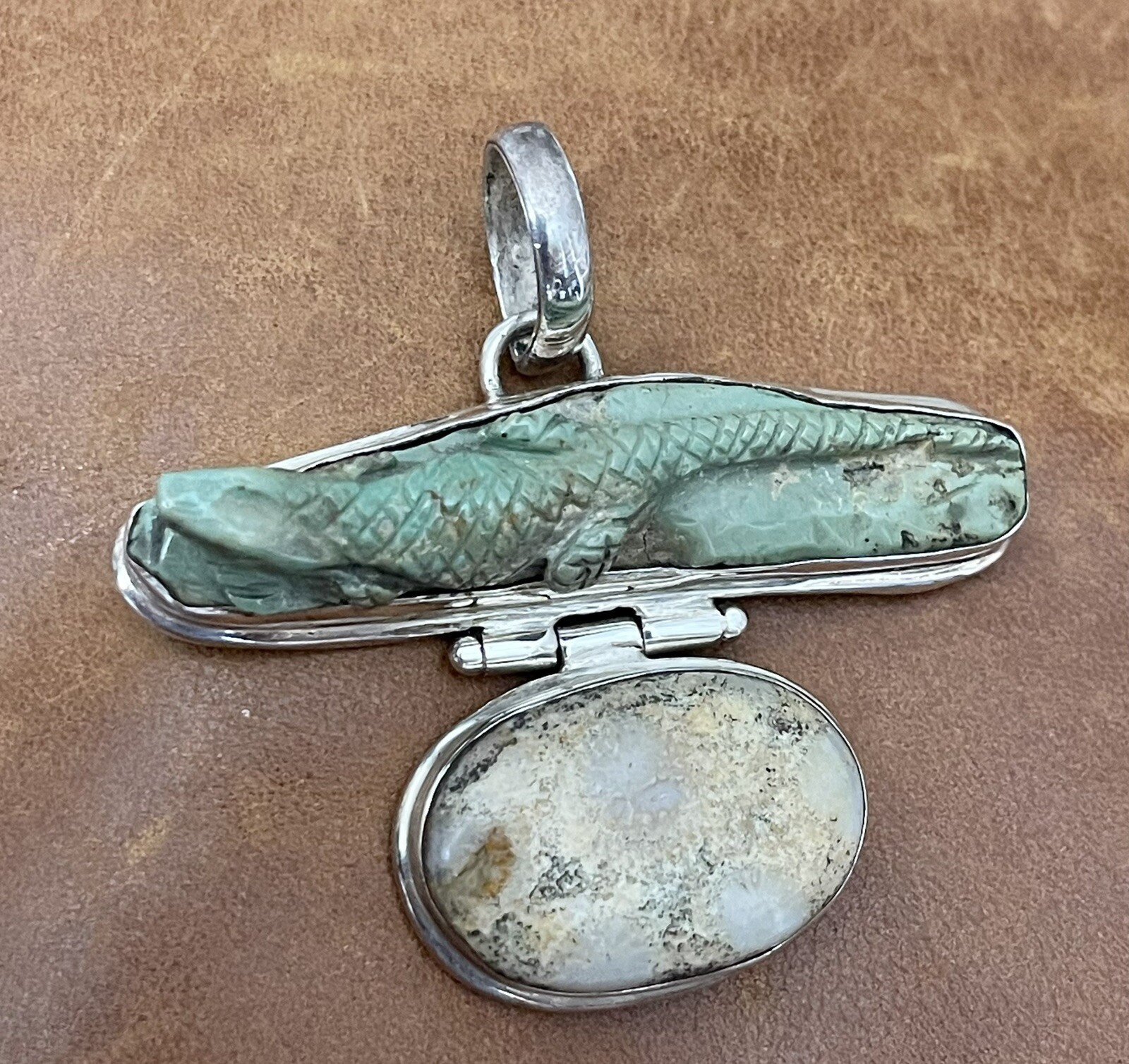 Vintage 925 Green Turquoise, Jasper Artist Created Lizard Motif Large Pendant