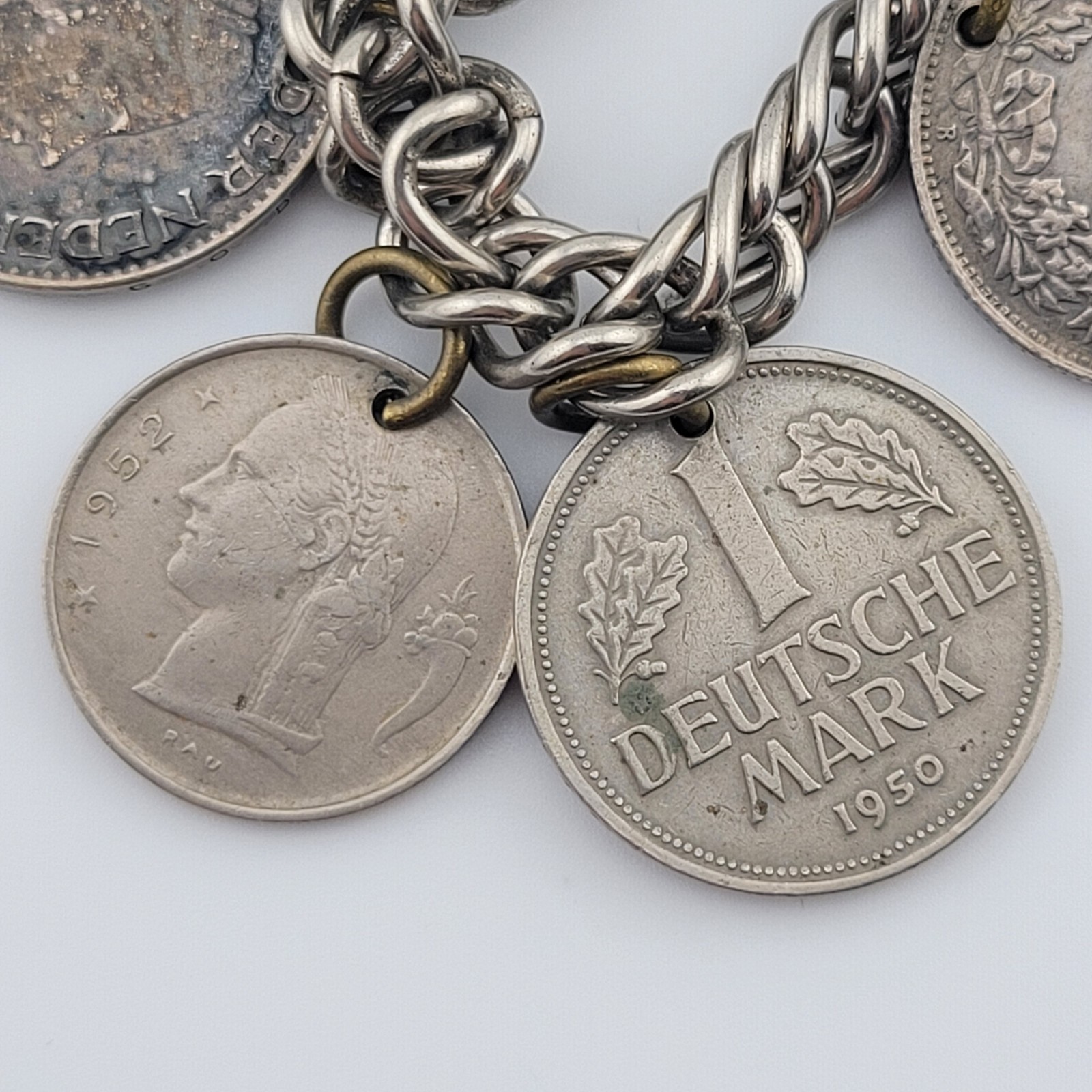 Vintage Coins From Around the World Charm Bracelet Souvenir 1924 to 1956 7.5″
