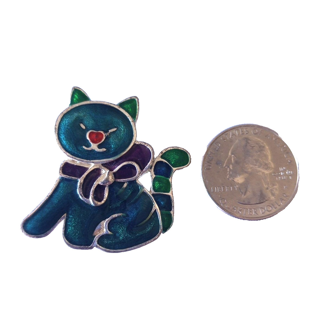 Vintage Cat with Red Heart Nose Brooch Pin Silver Tone Enamel 1.5″ Unsigned