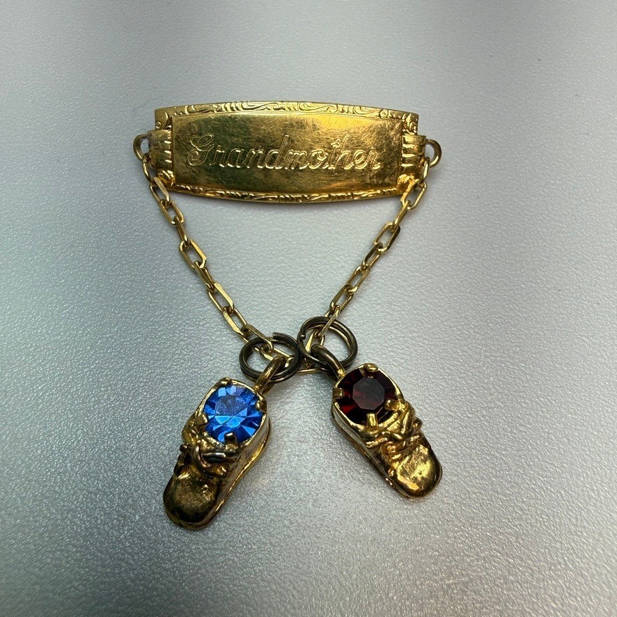 Vintage Vermeil Grandmother Brooch with Baby Shoe Charms Red Blue Stones Signed