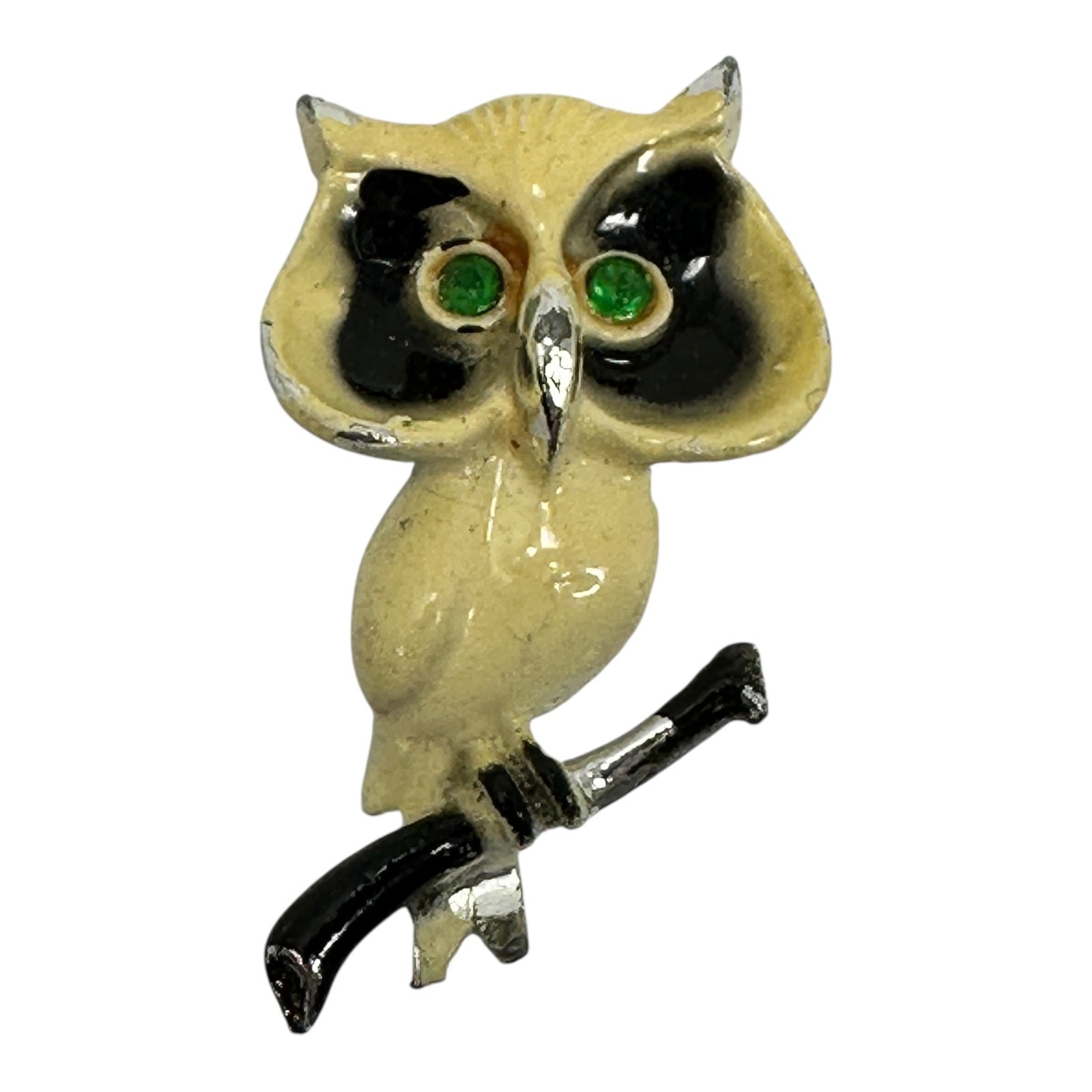 Vintage 1960s White Enamel Pin Owl Branch Brooch Green Rhinestone Eyes