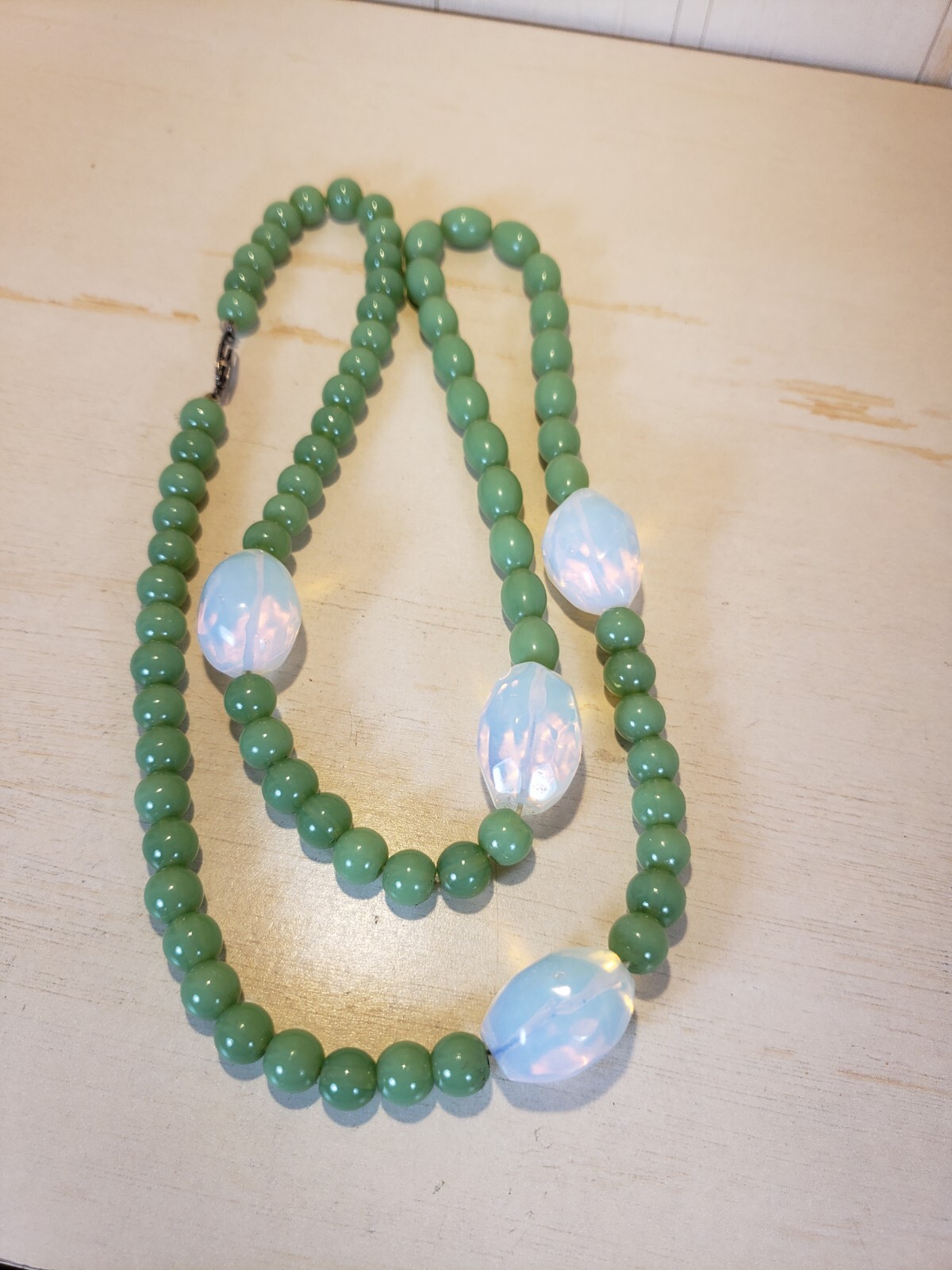 Vintage Opaline and Sage Green Glass Bead Necklace 29″