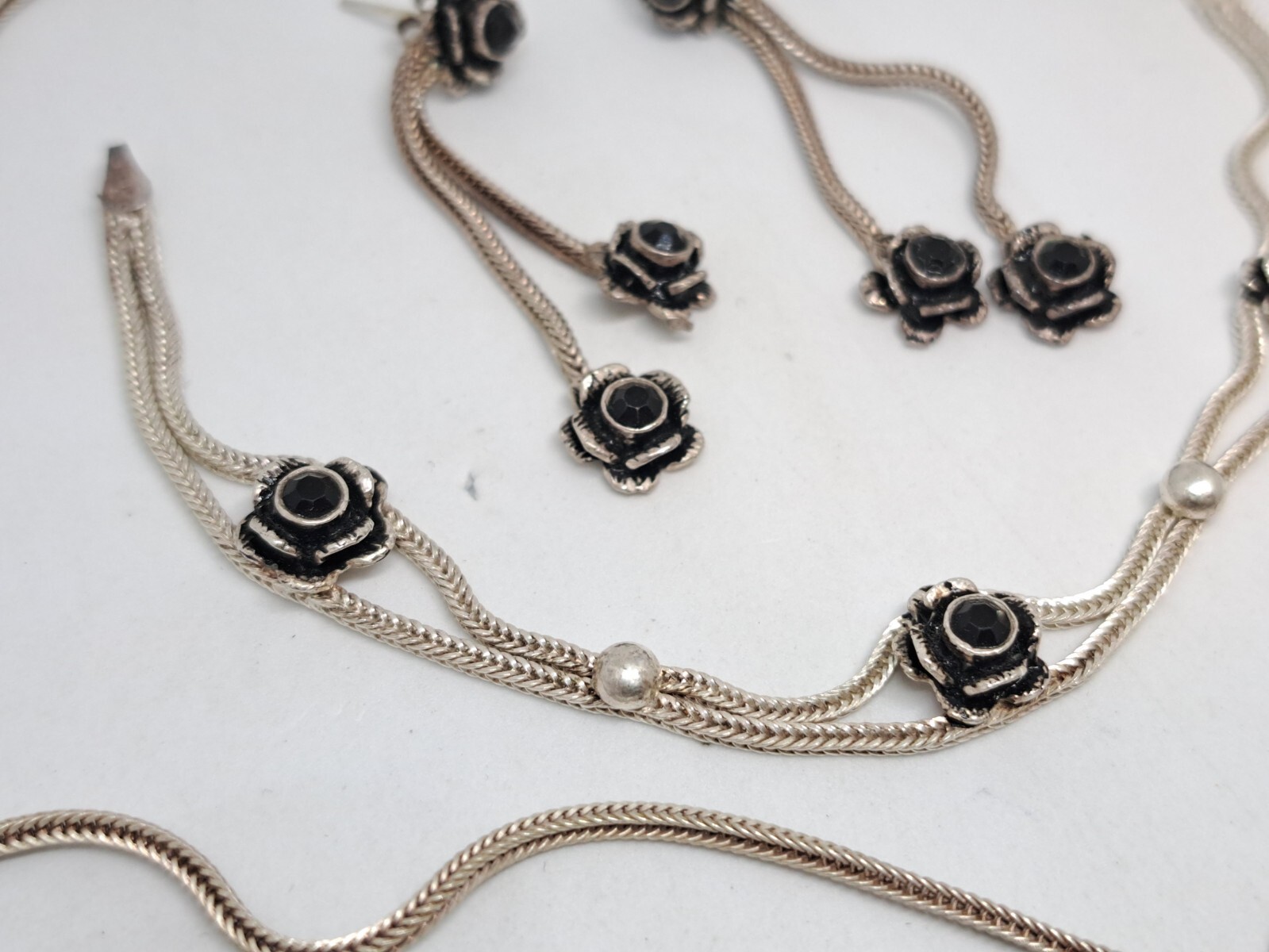 Vintage Set Necklace, Stud Earrings and Bracelet 925 Black Rose Ideal Gift