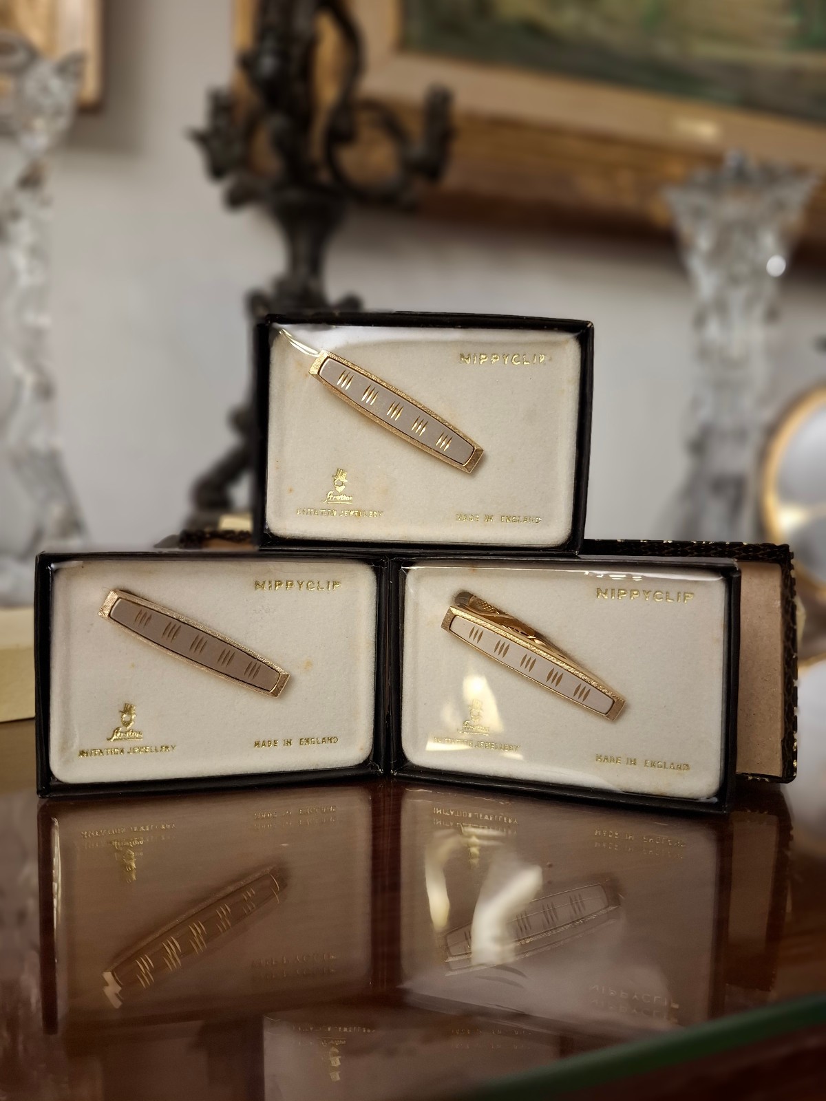 Lot of 6 Vintage Stratton Tie Retainer Mid Century old new, UNUSED