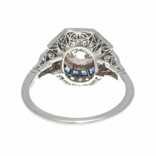 14K Gold FN 3.54CT Art Deco Sapphire Halo Lab Created Diamond Ring Vintage Style