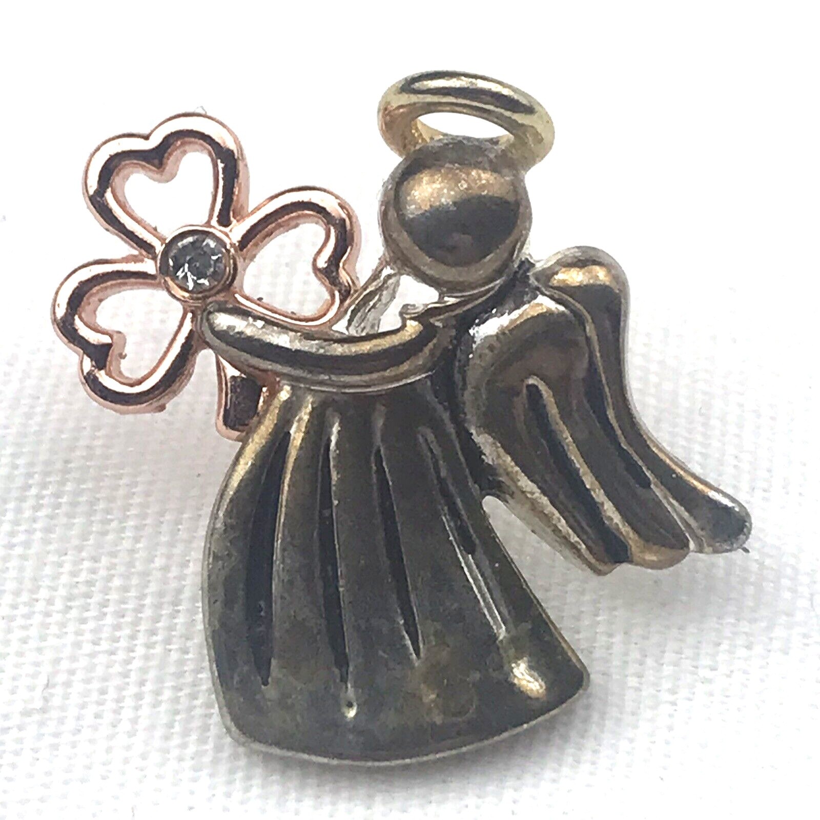 DM Brooch Small Multi-Tone Vintage Angel Clover Clear Stone Lucky Charm