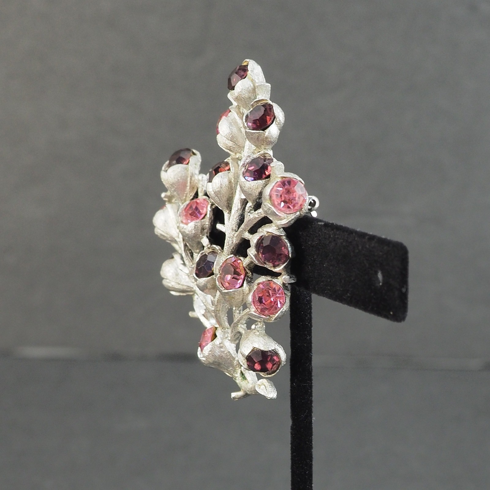Sarah Coventry Wisteria Brooch Silver Tone Pink Purple Rhinestone Floral Vintage