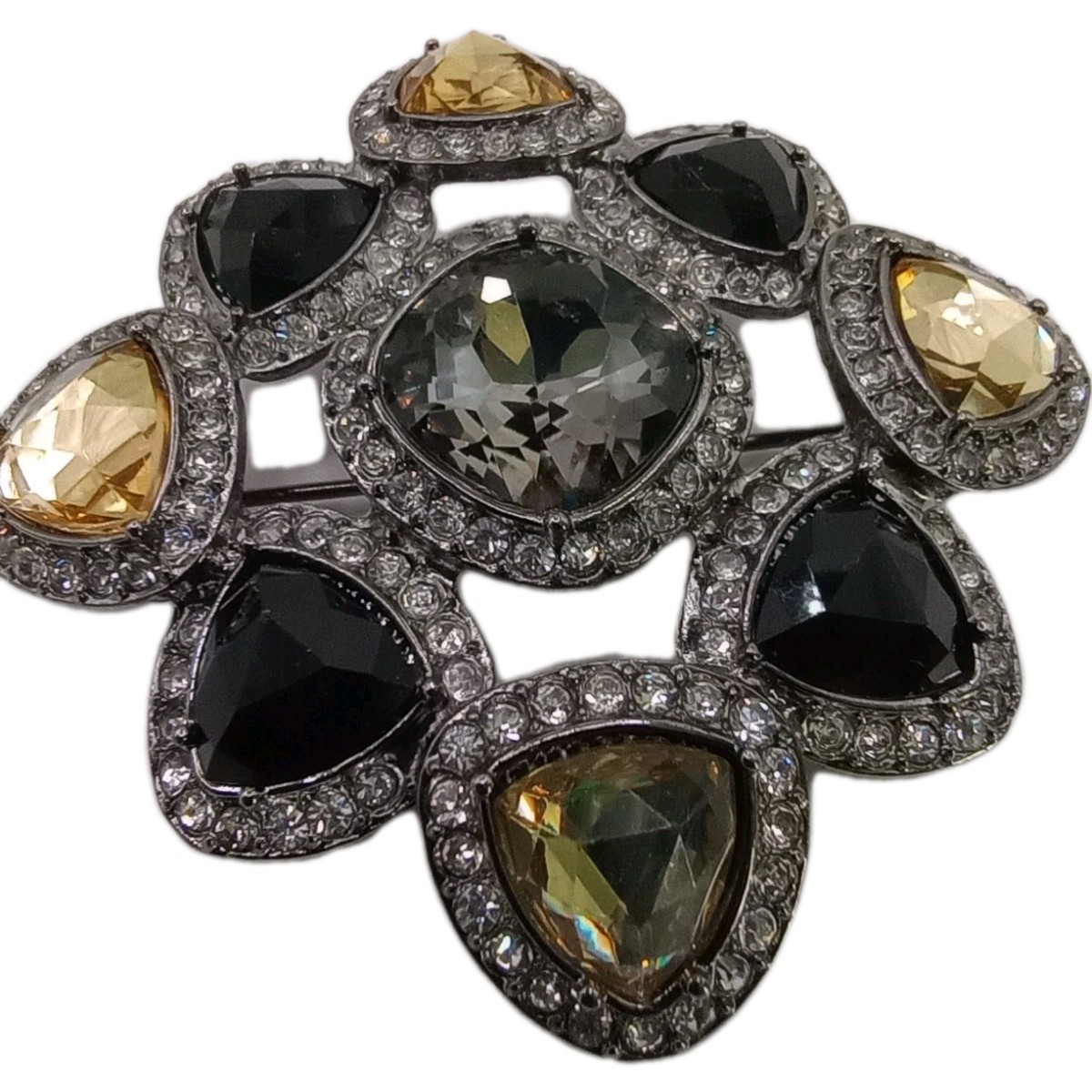 Vintage Style Premiere Design Brooch Black Topaz Glass Art Deco Pin 2 1/2 in D
