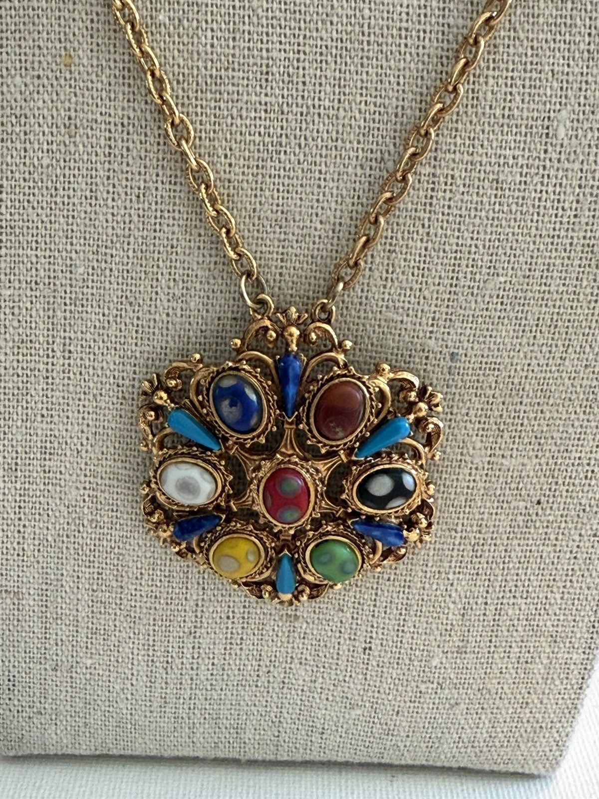 Vtg. Florenza Ornate Gold Tone Multi Color Cabochon Pendant Necklace 24” BinR