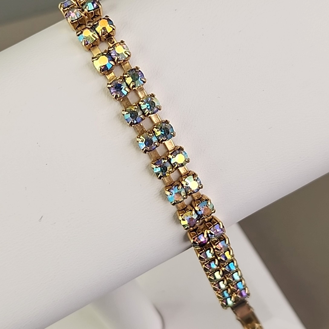 Vintage Aurora Borealis Rhinestone Bracelet Two Row 6.5″