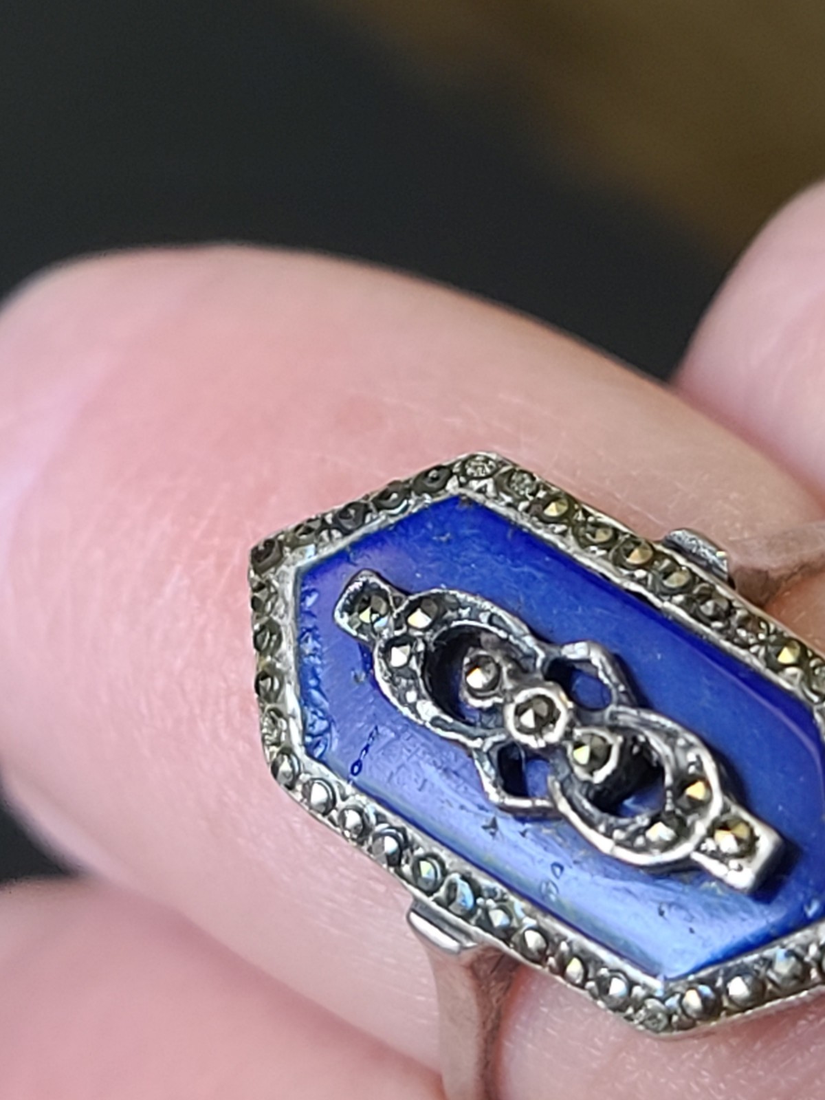 Fancy Antique VTG Art Deco Sterling Silver Lapis Lazuli Marcasite Ring Size 8