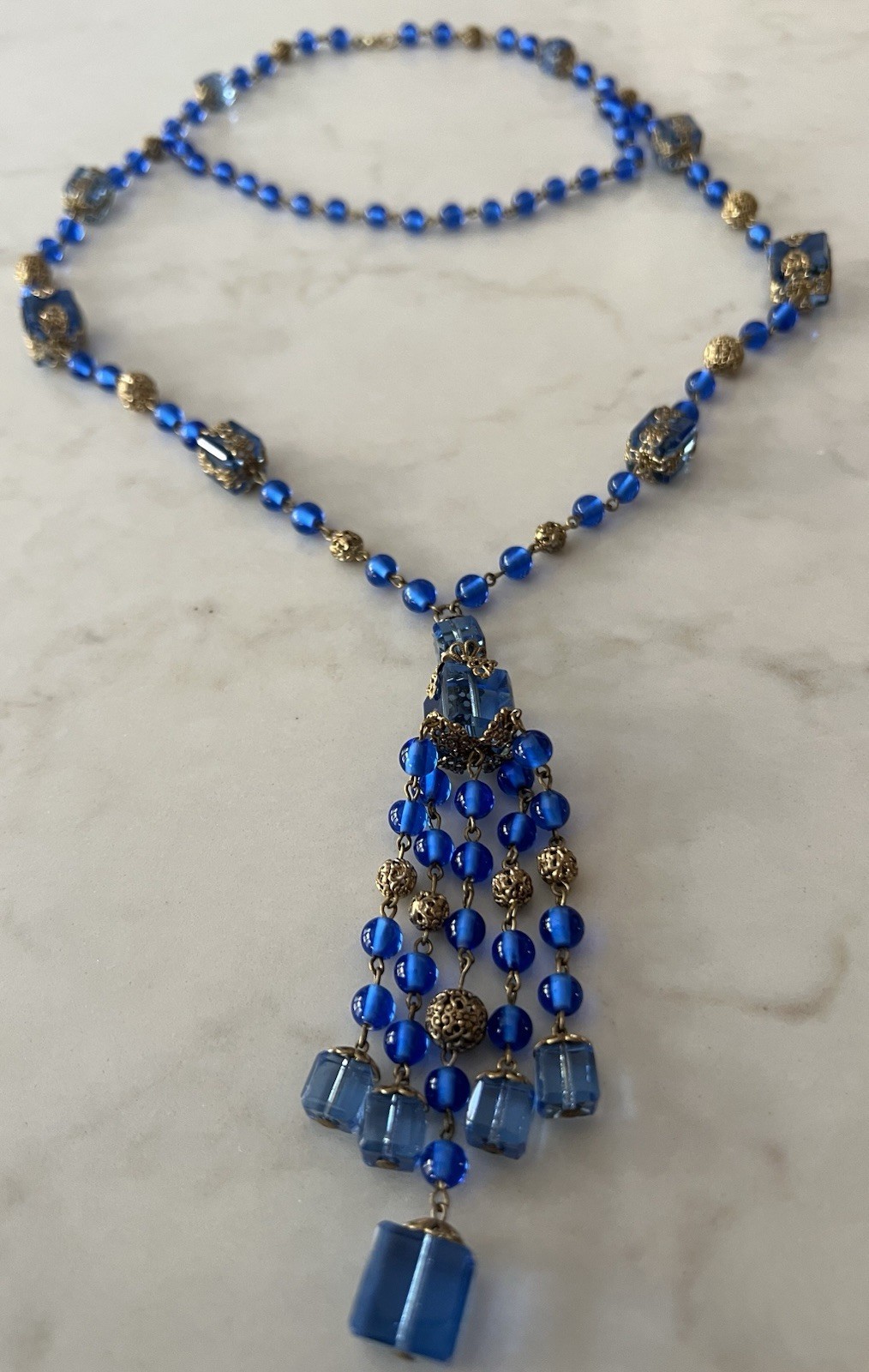 BRIGHT BLUE CRYSTAL/BRASS FILIGREE NEIGER BROS CZECH LONG VTG DECO 20s NECKLACE