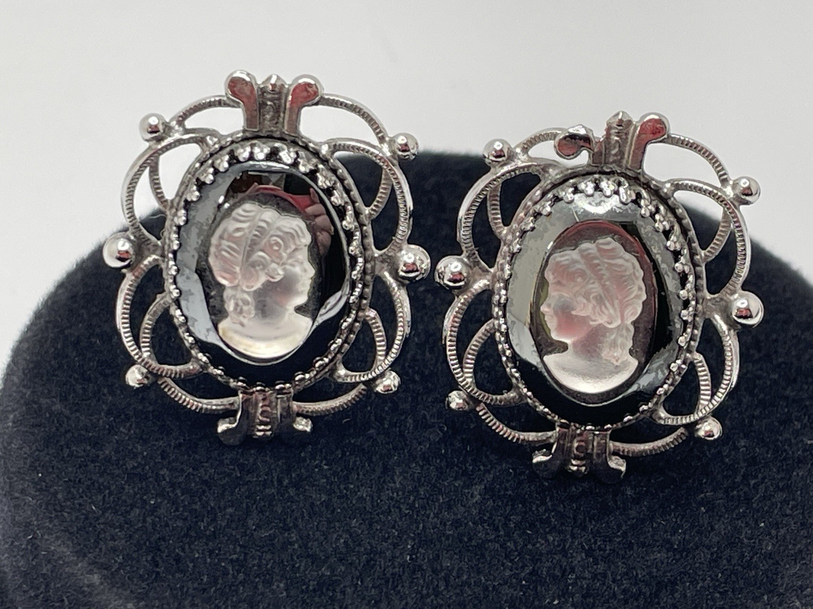 Vintage Whiting & Davis Silver Hematite Cameo Clip EARRINGS Filigree Signed