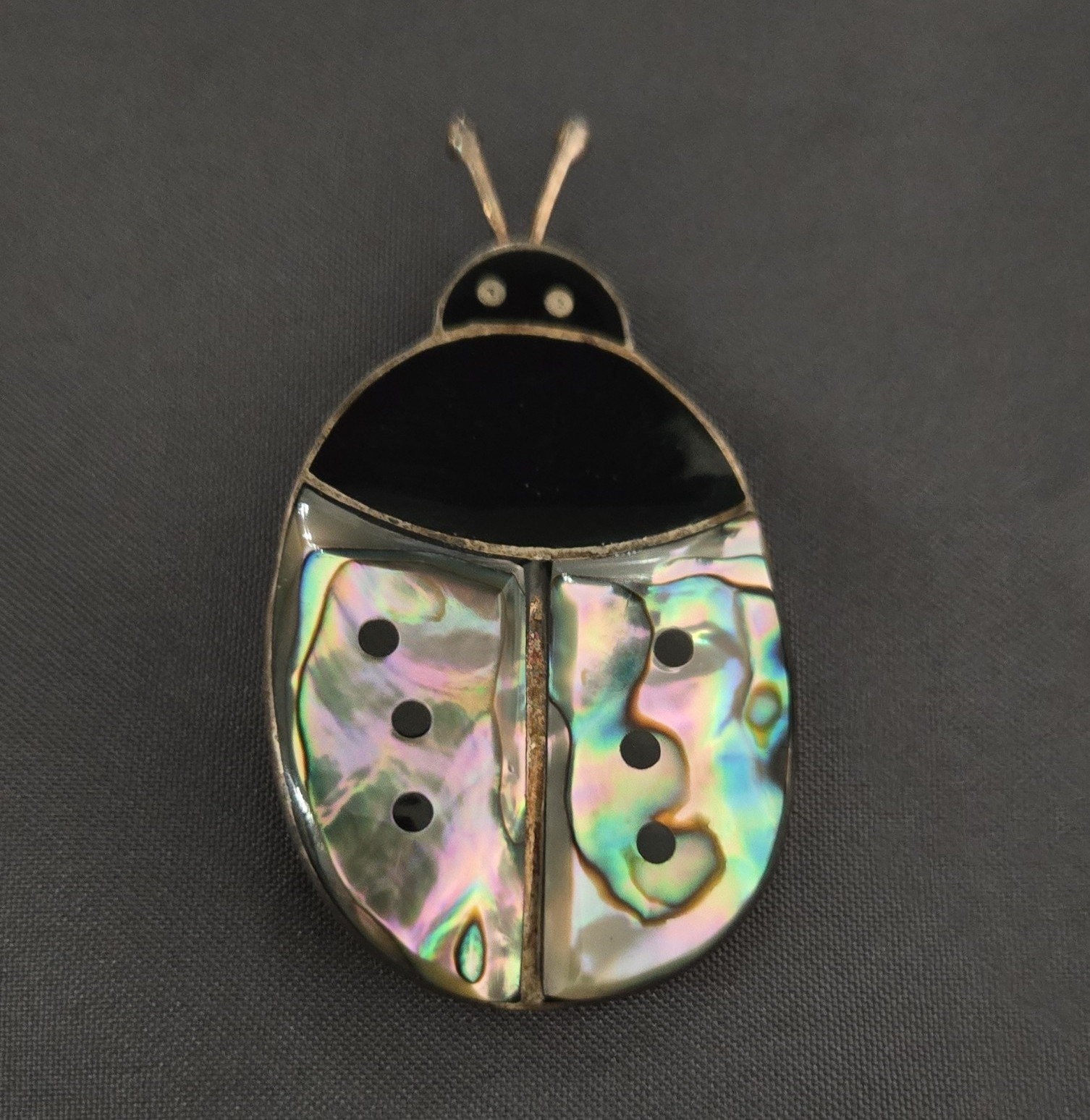 Silver Tone Shell Inlay Ladybug Brooch Pin Multicolor Unisex Adults Alpaca Mex