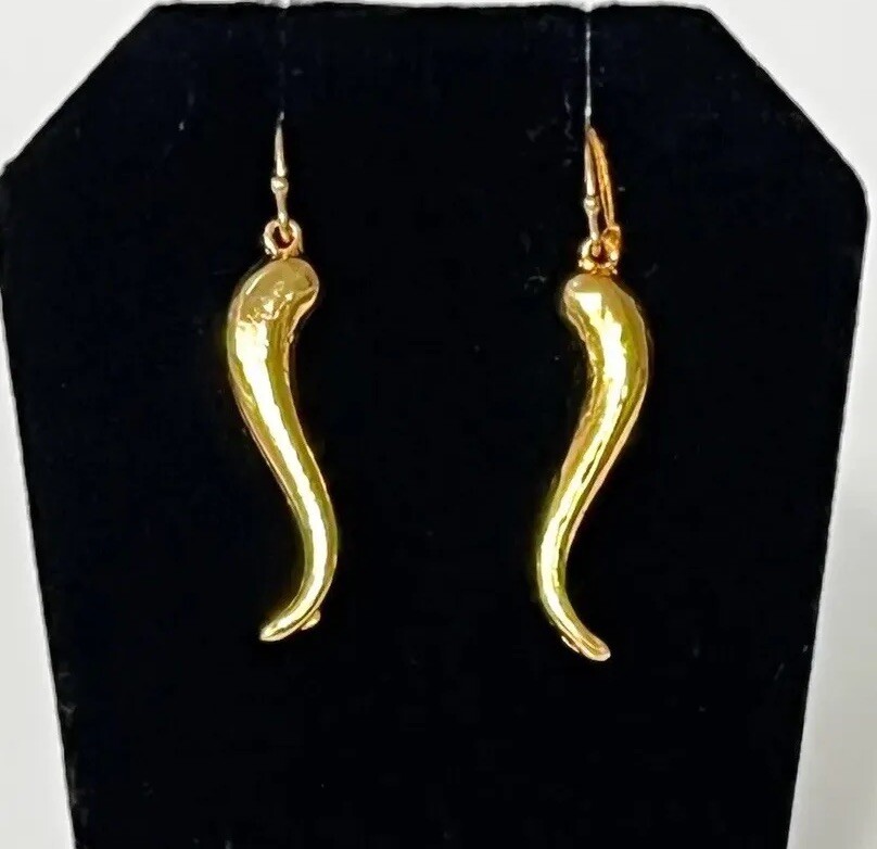 Horn Earrings Cornicello Drop Dangle Hook Yellow Gold Plated Estate VTG NOS