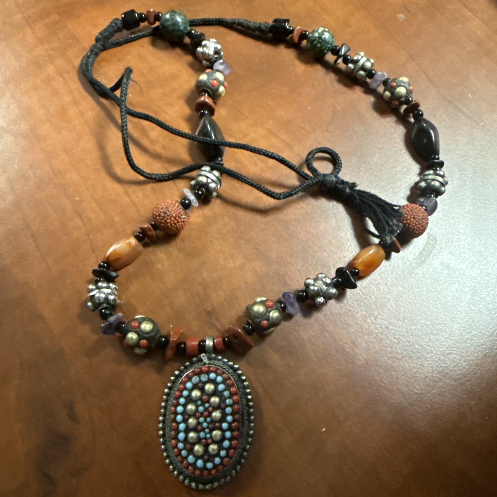 VTG Artisan Silver Tribal Gemstone Estate Necklace Coral Turquoise 80s Statement