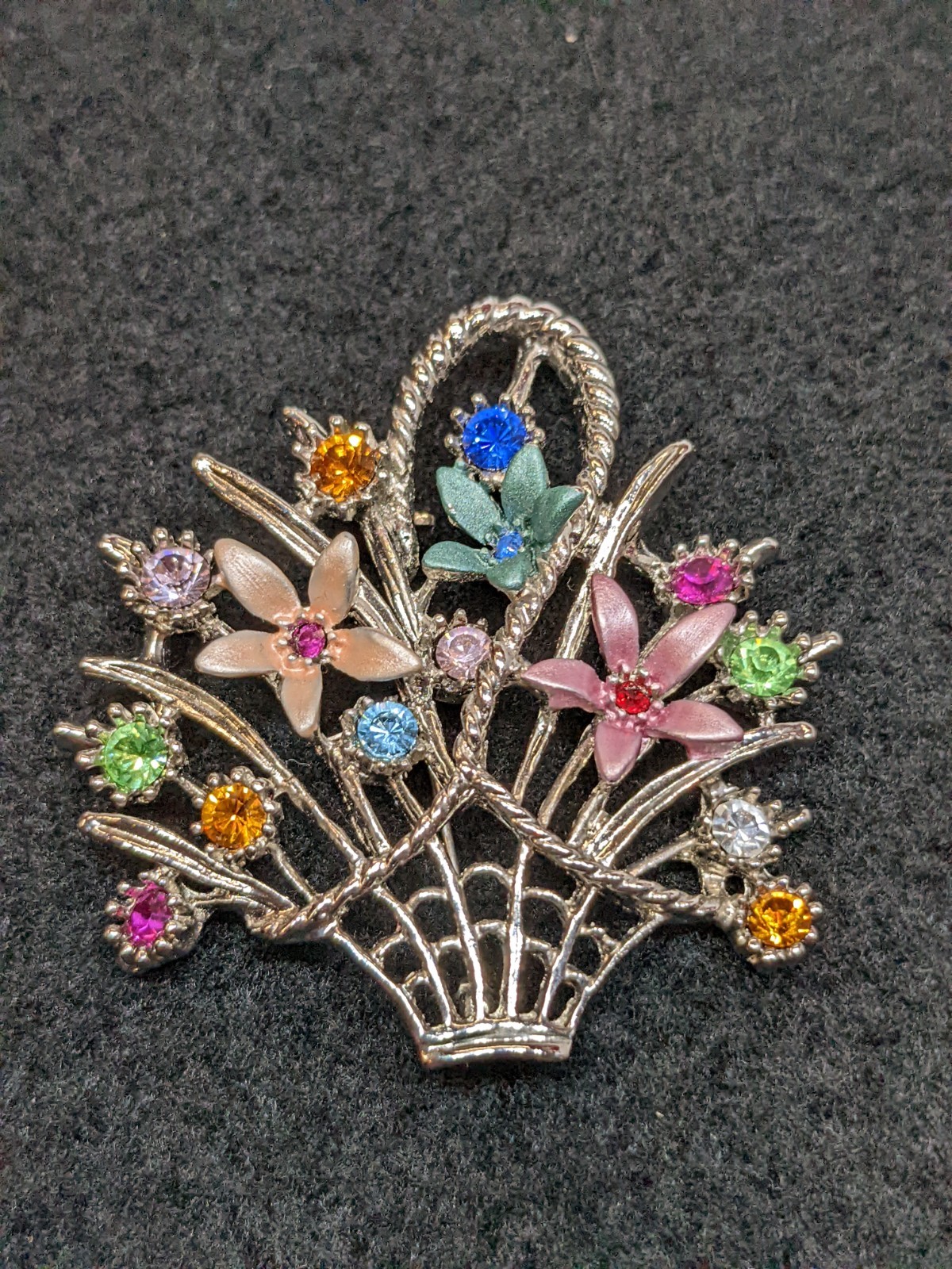Vintage 60s Flower Basket Brooch Bright Rhinestone Feminine Boho Cottagecore