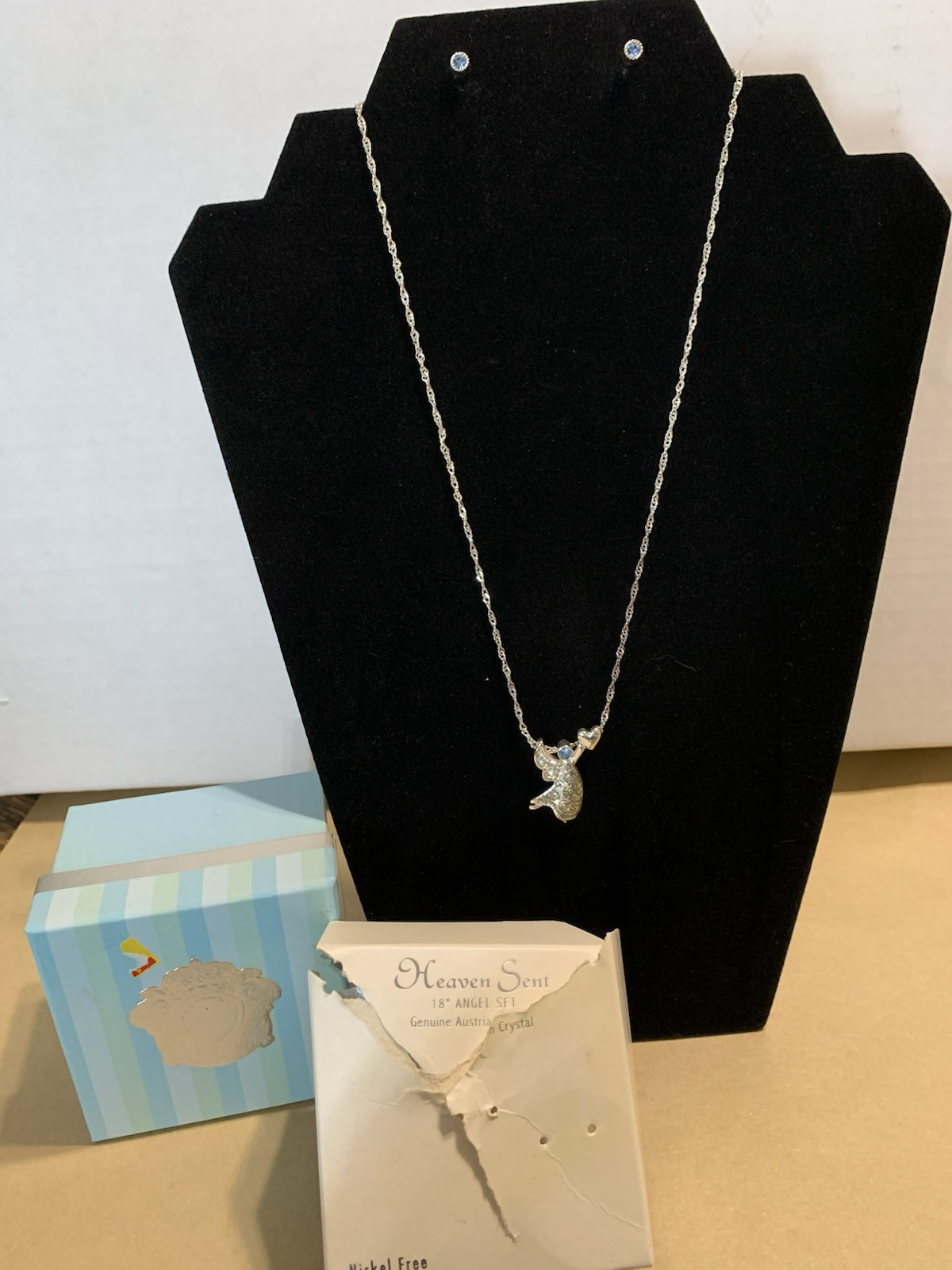 Austrian Crystal Jewelry Set Guardian Angel Necklace Pierced Earrings NIB